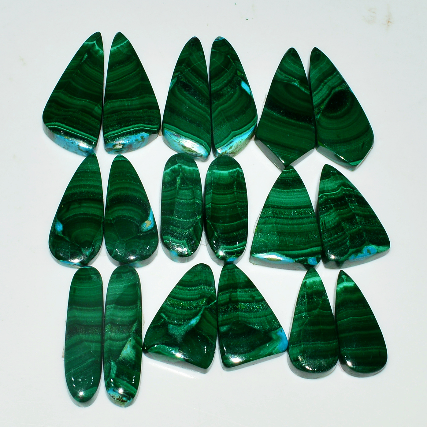 9 Pairs 273Cts Natural Malachite Loose Gemstone Cabochon Pair Lot for Silver Earrings 30x10 20x10mm 19075