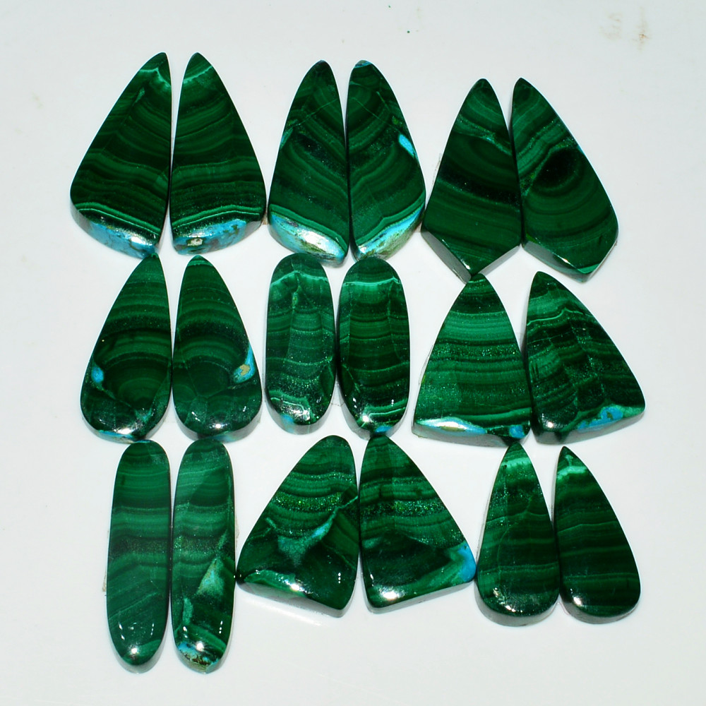 Image of 9 Pairs 273Cts Natural Malachite Loose Gemstone Cabochon Pair Lot for Silver Earrings 30x10  20x10mm #19075
