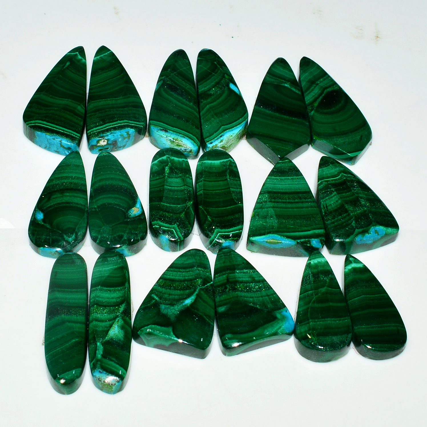 9 Pairs 273Cts Natural Malachite Loose Gemstone Cabochon Pair Lot for Silver Earrings 30x10 20x10mm 19075