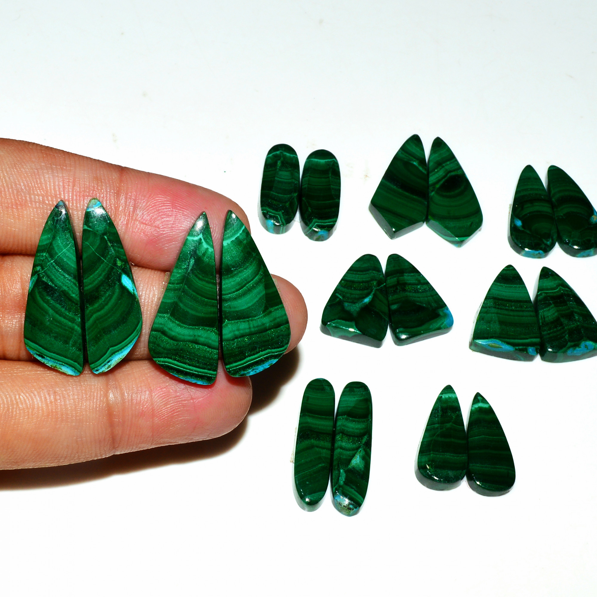 9 Pairs 273Cts Natural Malachite Loose Gemstone Cabochon Pair Lot for Silver Earrings 30x10 20x10mm 19075