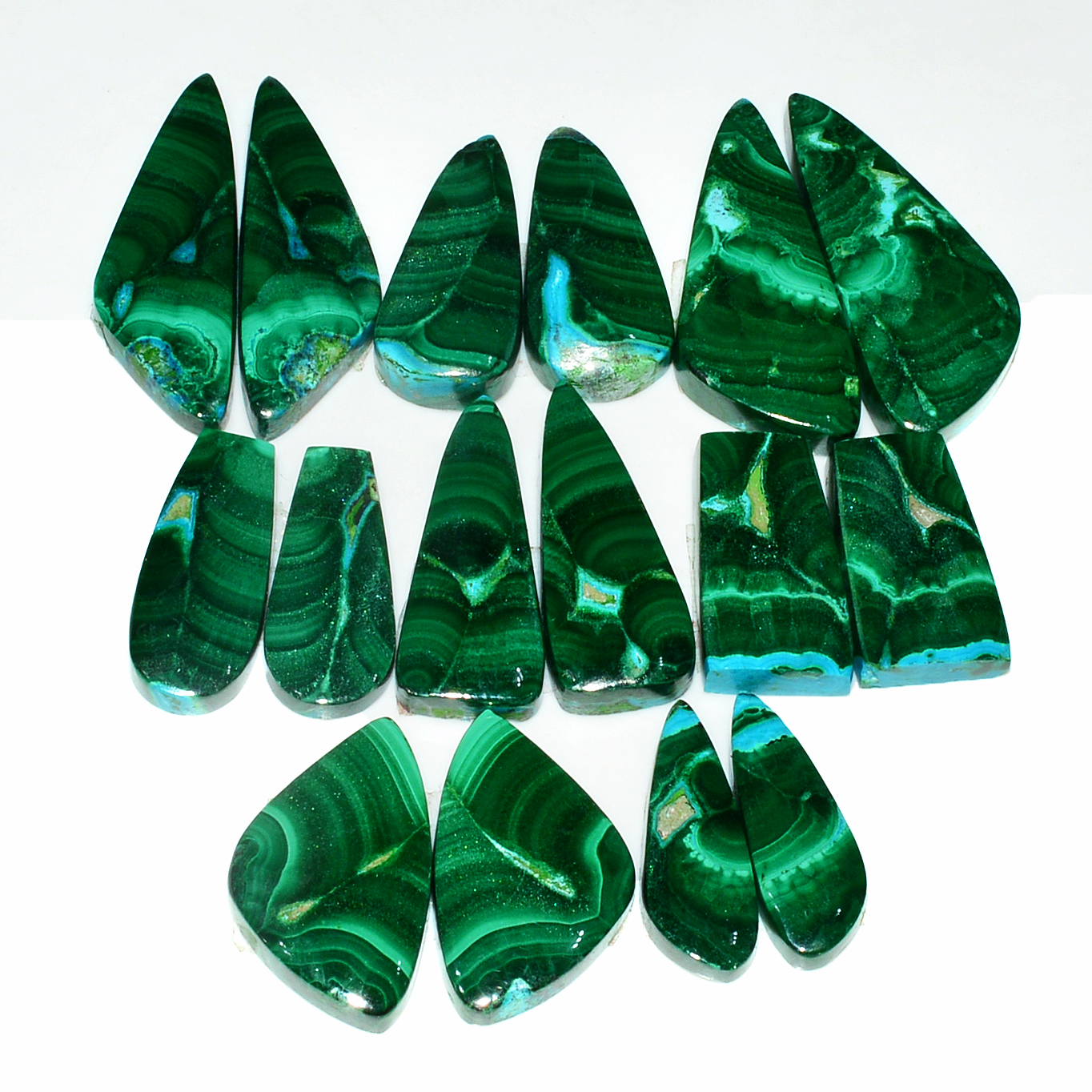8 Pairs 217Cts Natural Malachite Loose Gemstone Cabochon Pair Lot for Silver Earrings 31x12 20x9mm 19076