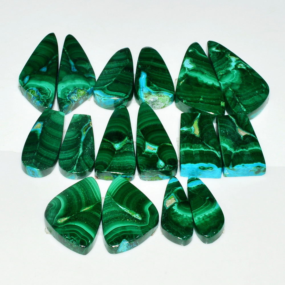 Image of 8 Pairs 217Cts Natural Malachite Loose Gemstone Cabochon Pair Lot for Silver Earrings 31x12  20x9mm #19076