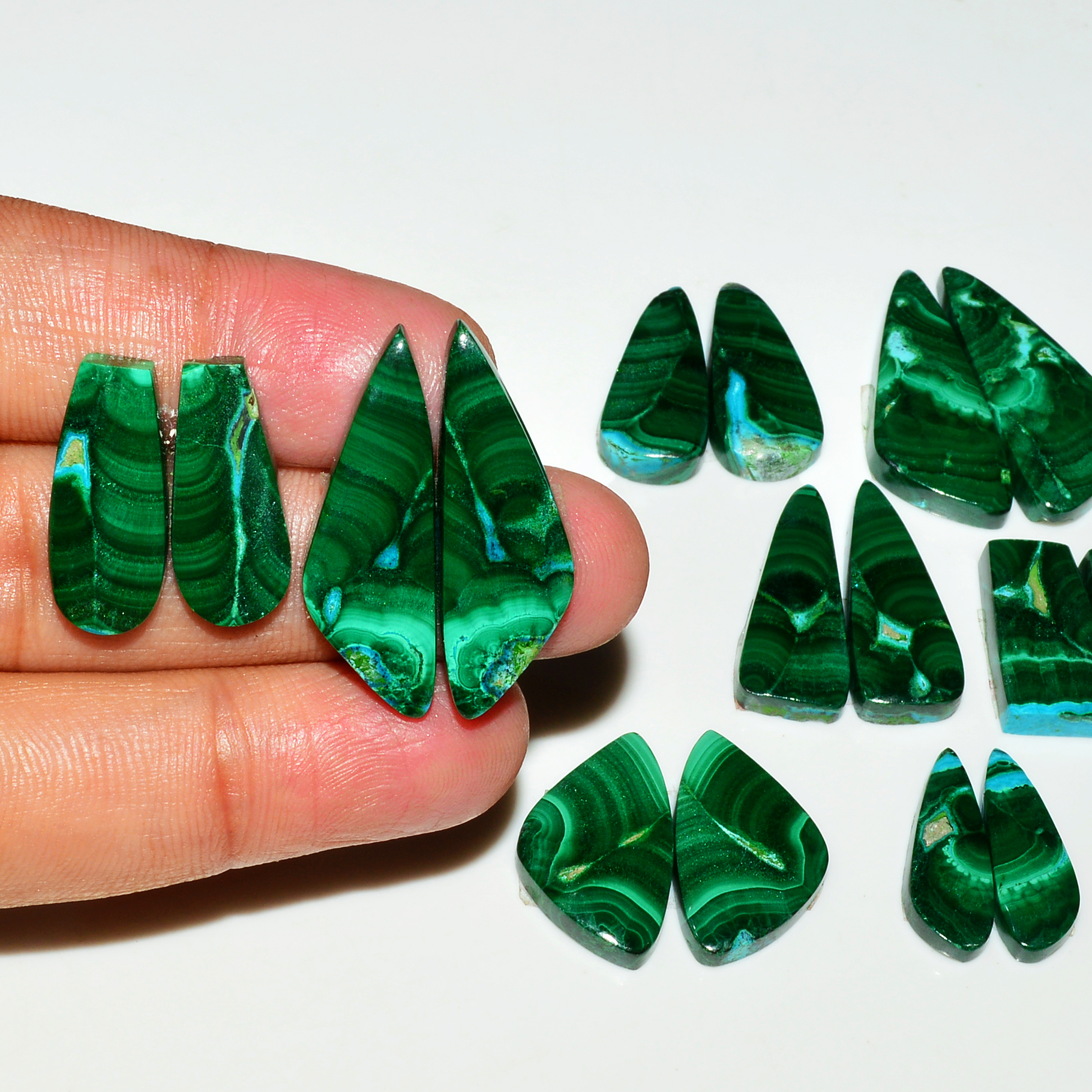 8 Pairs 217Cts Natural Malachite Loose Gemstone Cabochon Pair Lot for Silver Earrings 31x12 20x9mm 19076