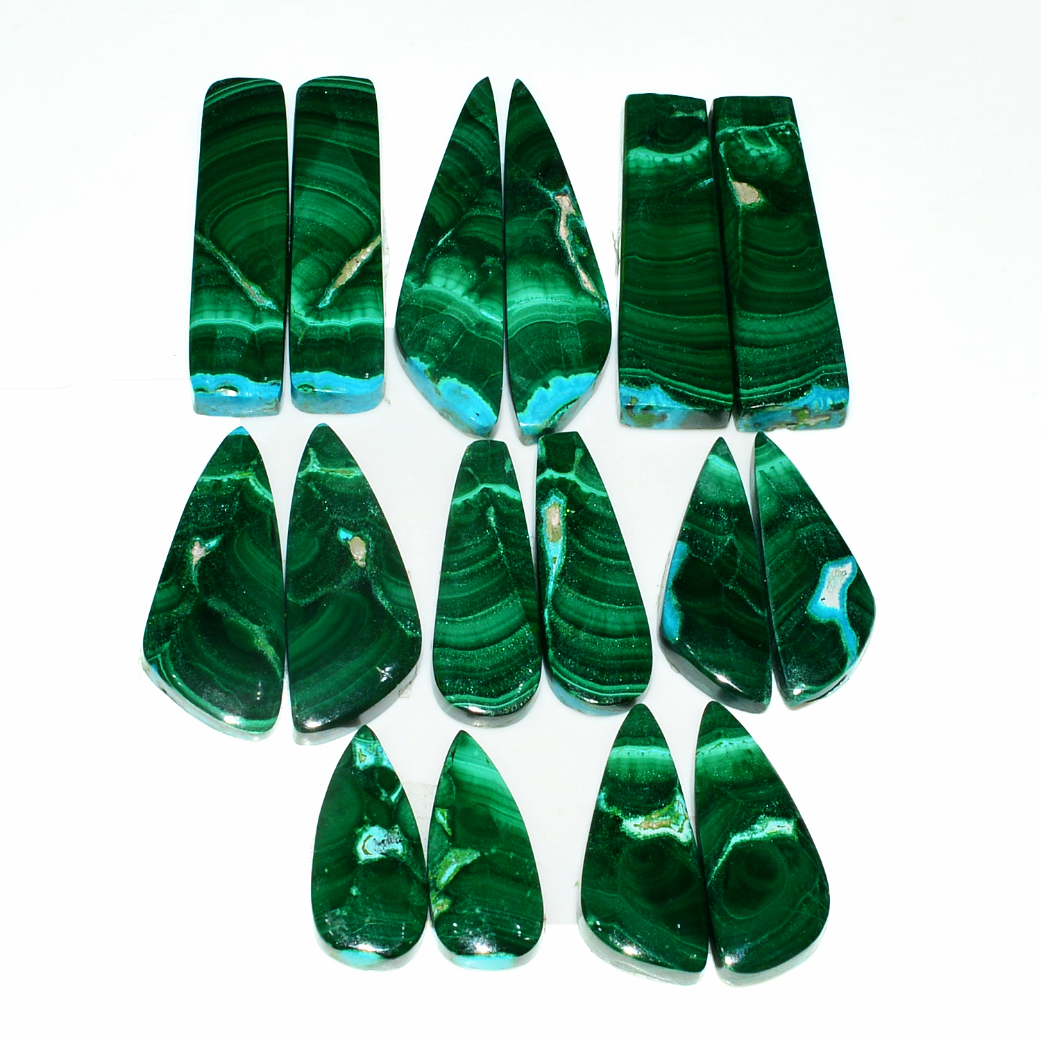 8 Pairs 260Cts Natural Malachite Loose Gemstone Cabochon Pair Lot for Silver Earrings 31x8 19x8mm 19077