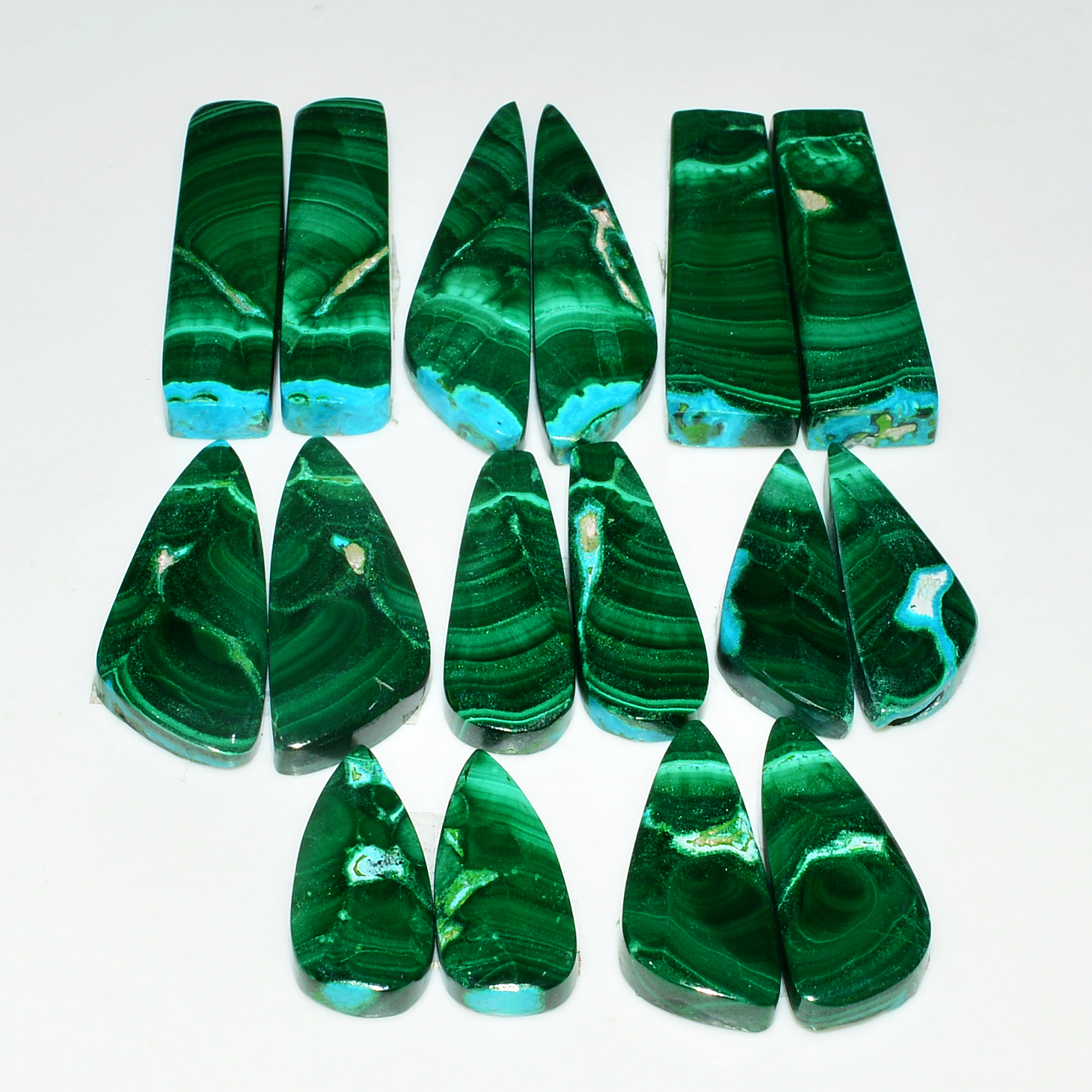 8 Pairs 260Cts Natural Malachite Loose Gemstone Cabochon Pair Lot for Silver Earrings 31x8 19x8mm 19077