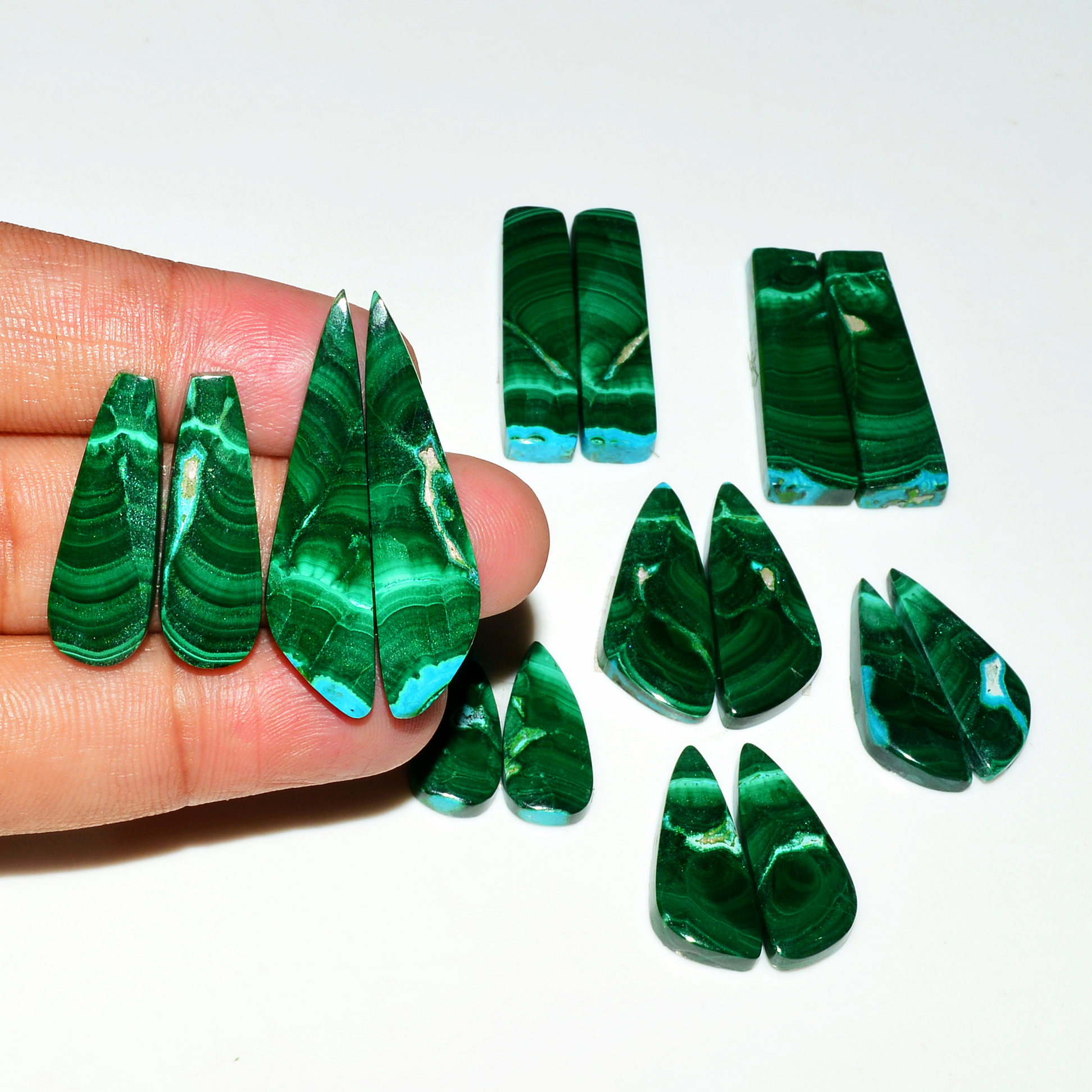 8 Pairs 260Cts Natural Malachite Loose Gemstone Cabochon Pair Lot for Silver Earrings 31x8 19x8mm 19077