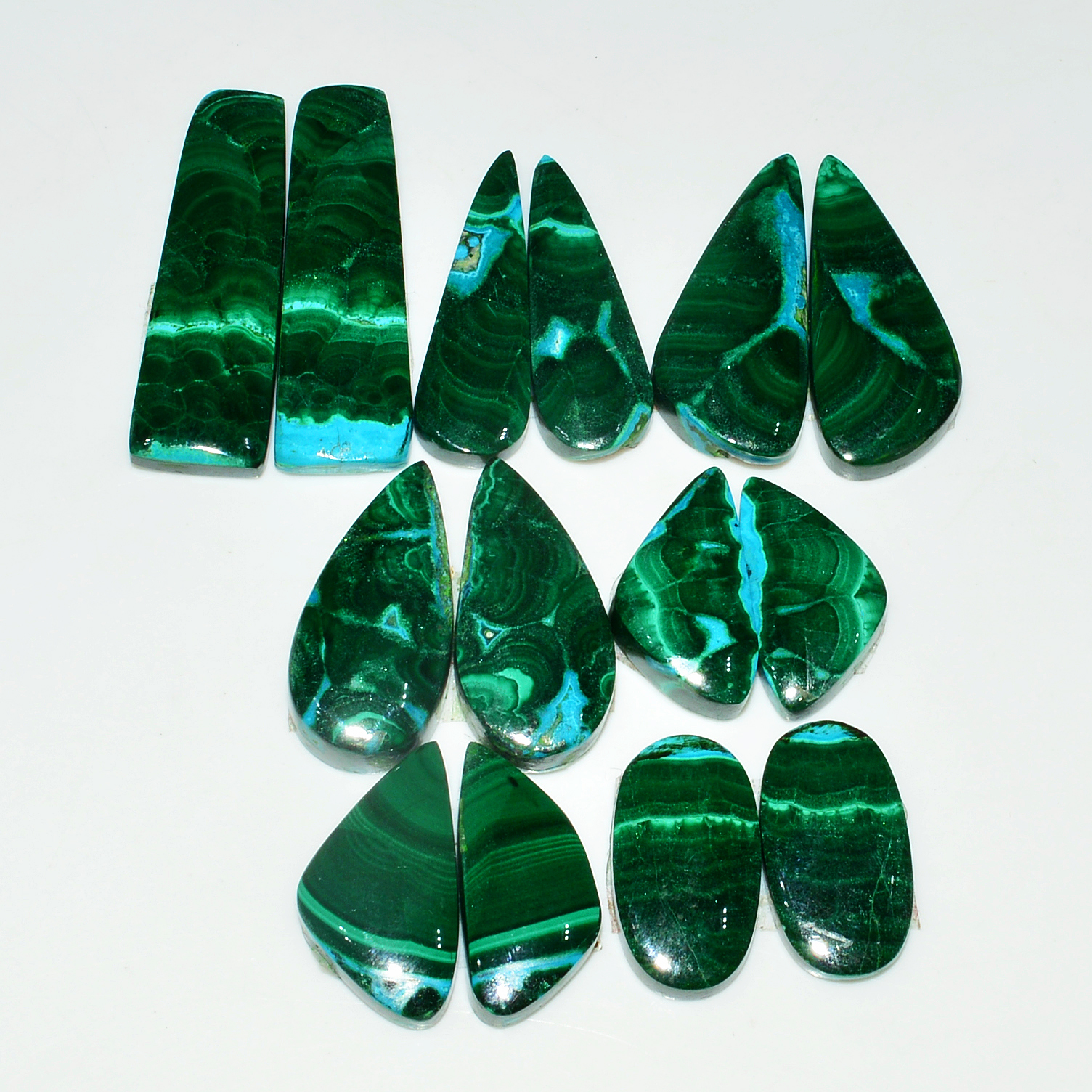 7 Pairs 193Cts Natural Malachite Loose Gemstone Cabochon Pair Lot for Silver Earrings 30x9 19x9mm 19078