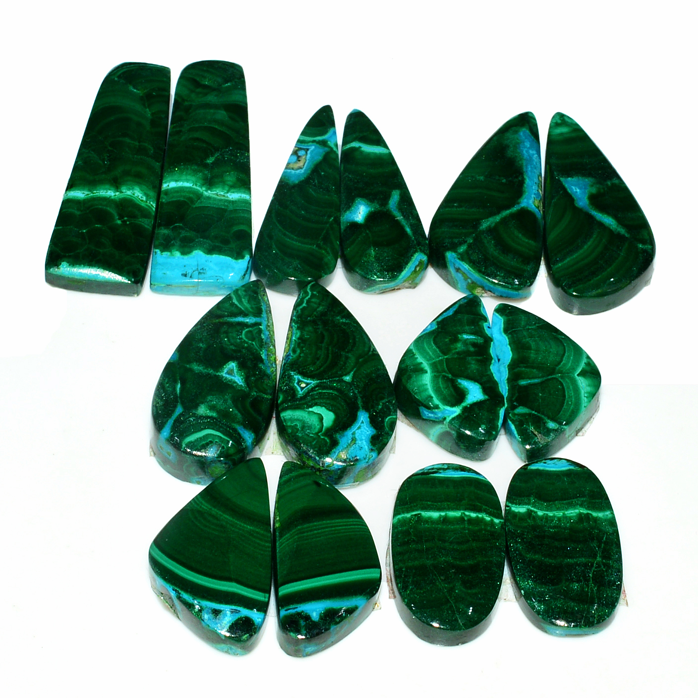 7 Pairs 193Cts Natural Malachite Loose Gemstone Cabochon Pair Lot for Silver Earrings 30x9 19x9mm 19078