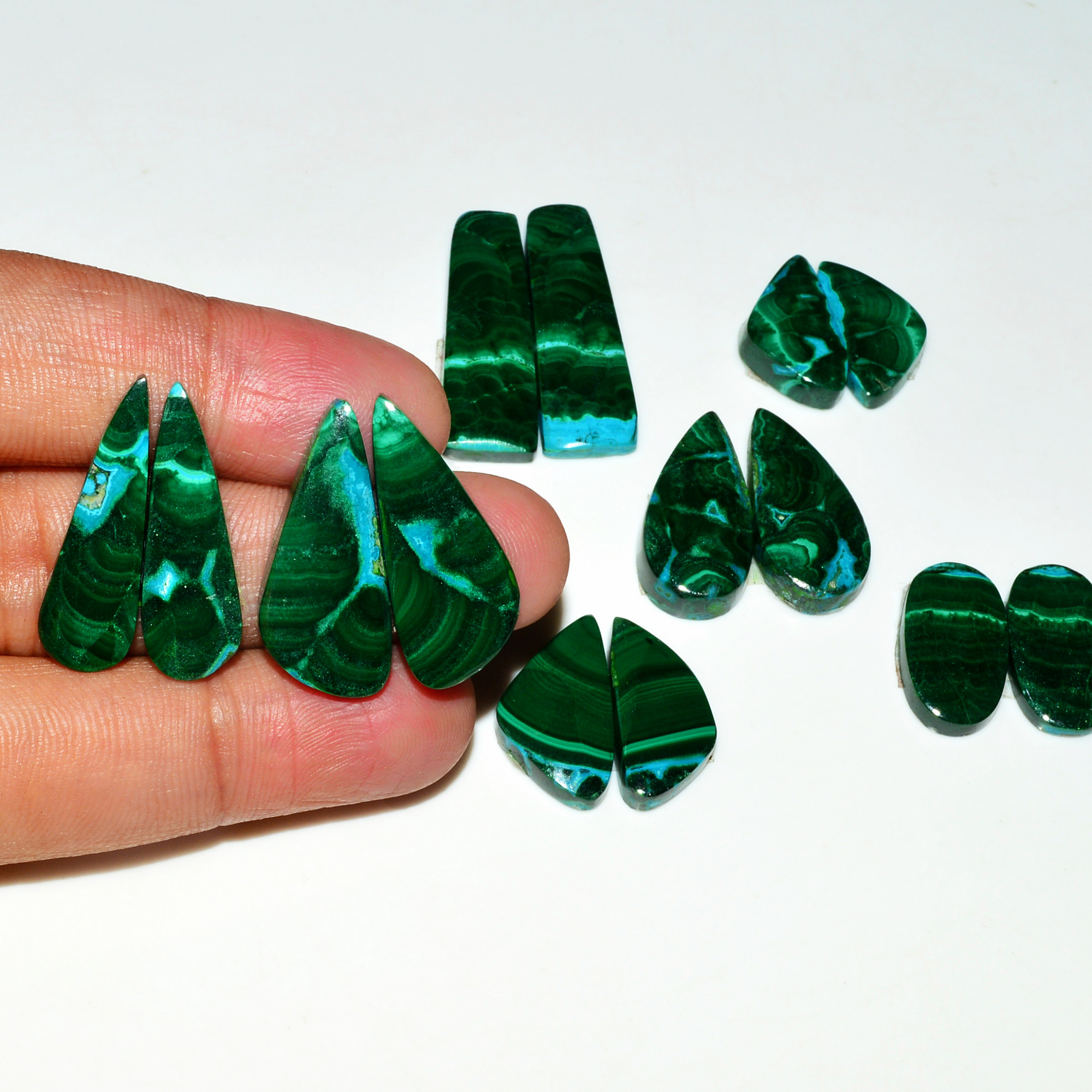 7 Pairs 193Cts Natural Malachite Loose Gemstone Cabochon Pair Lot for Silver Earrings 30x9 19x9mm 19078