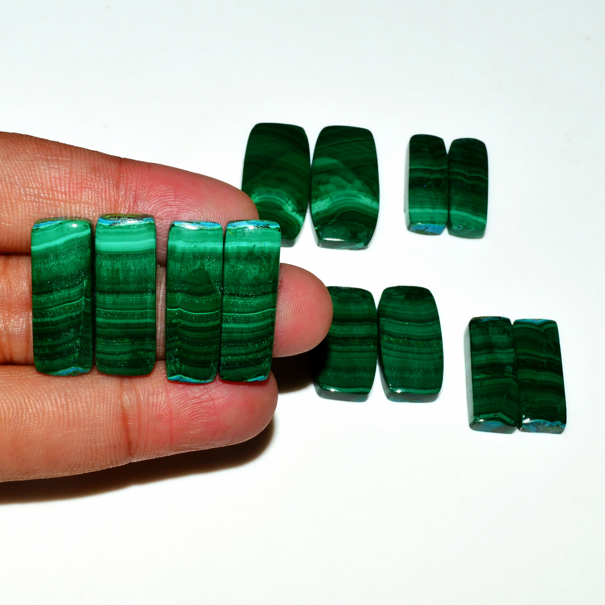6 Pairs 232Cts Natural Malachite Loose Gemstone Cabochon Pair Lot for Silver Earrings 27x12 22x6mm 19079
