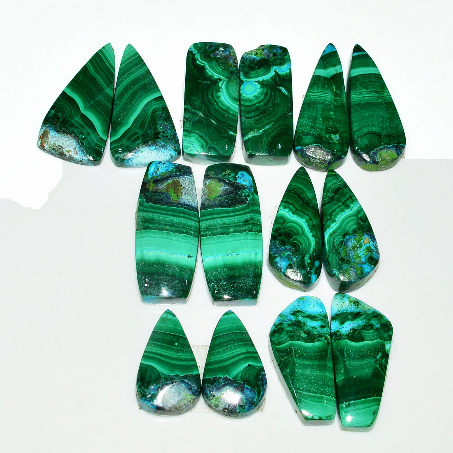 7 Pairs 200Cts Natural Malachite Loose Gemstone Cabochon Pair Lot for Silver Earrings 22x9 18x9mm 19080