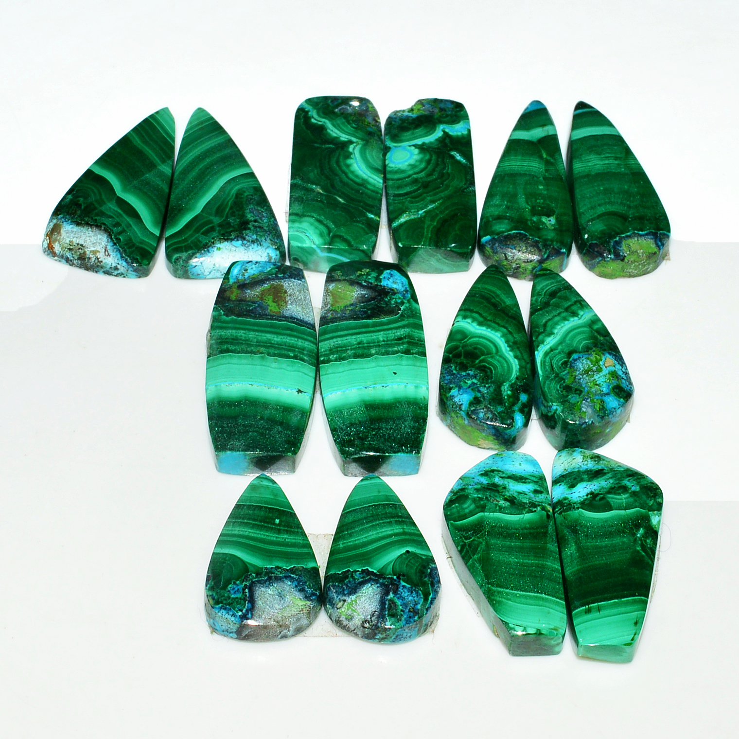 7 Pairs 200Cts Natural Malachite Loose Gemstone Cabochon Pair Lot for Silver Earrings 22x9 18x9mm 19080