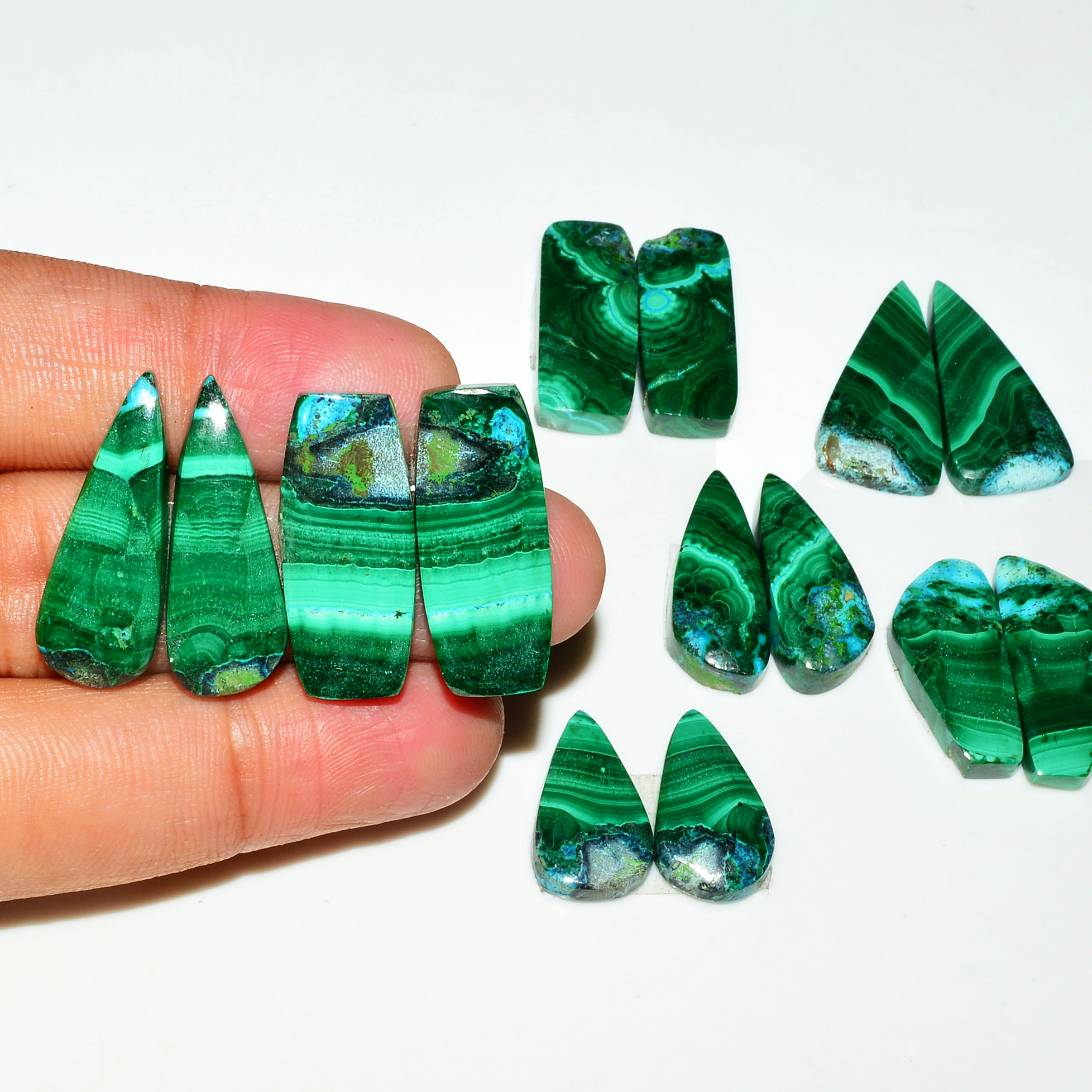 7 Pairs 200Cts Natural Malachite Loose Gemstone Cabochon Pair Lot for Silver Earrings 22x9 18x9mm 19080