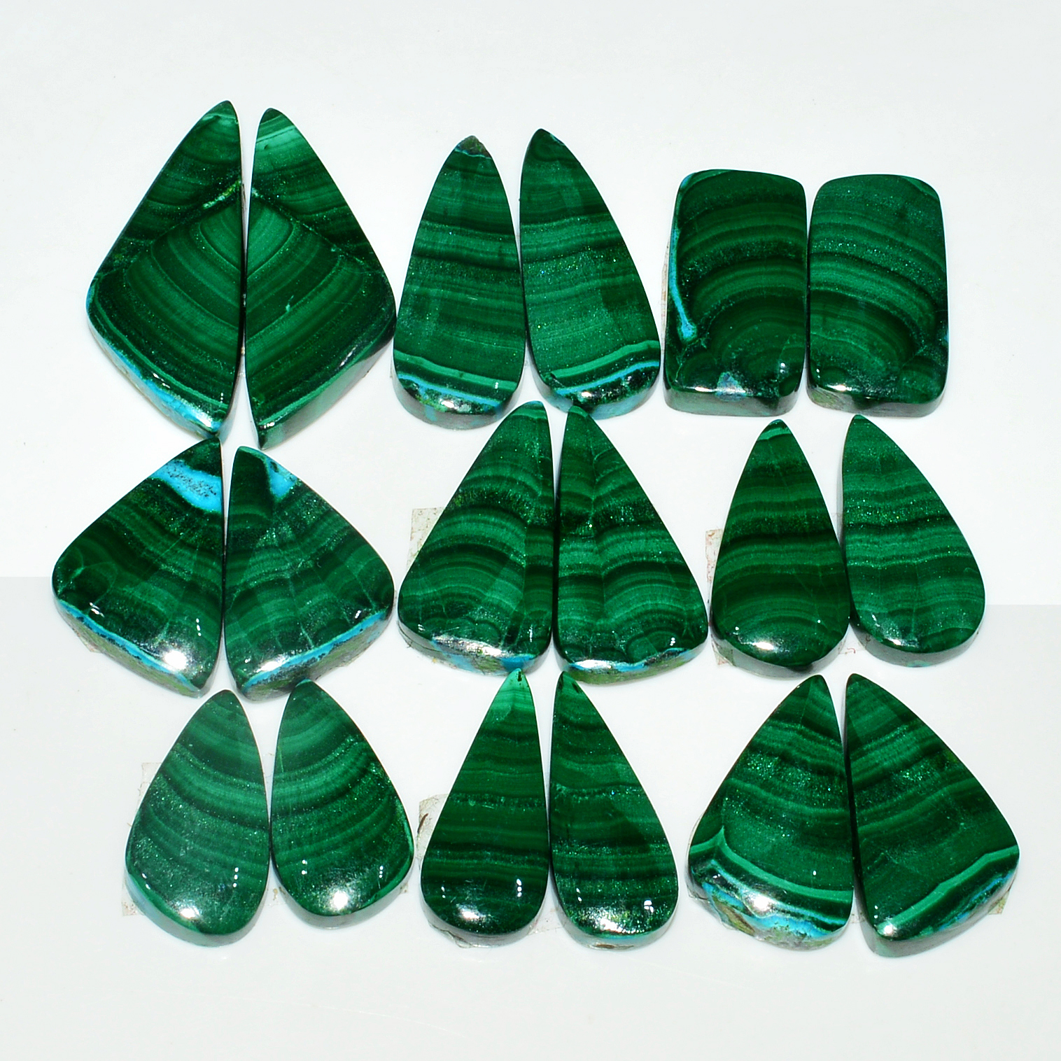 9 Pairs 238Cts Natural Malachite Loose Gemstone Cabochon Pair Lot for Silver Earrings 29x10 18x9mm 19081