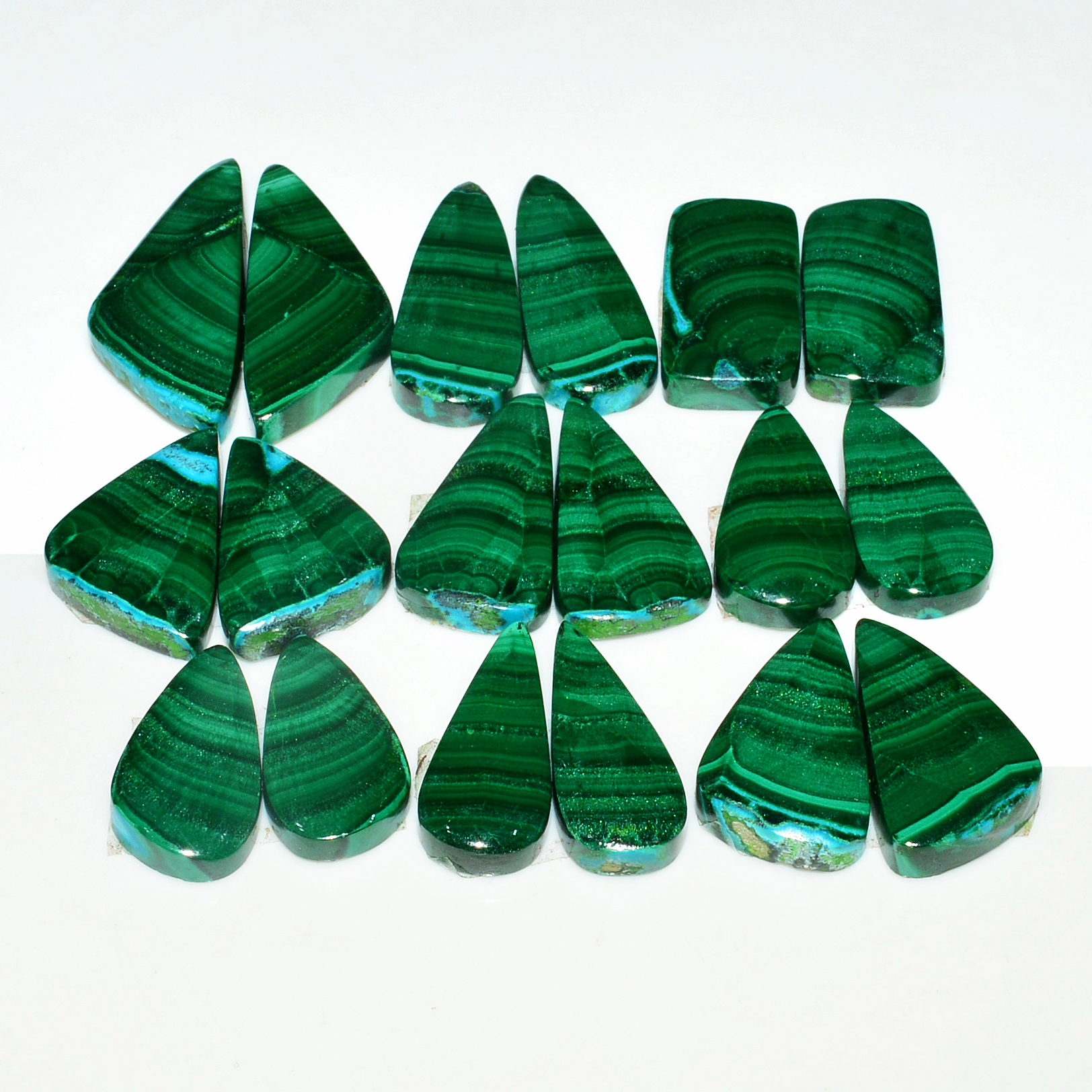9 Pairs 238Cts Natural Malachite Loose Gemstone Cabochon Pair Lot for Silver Earrings 29x10 18x9mm 19081