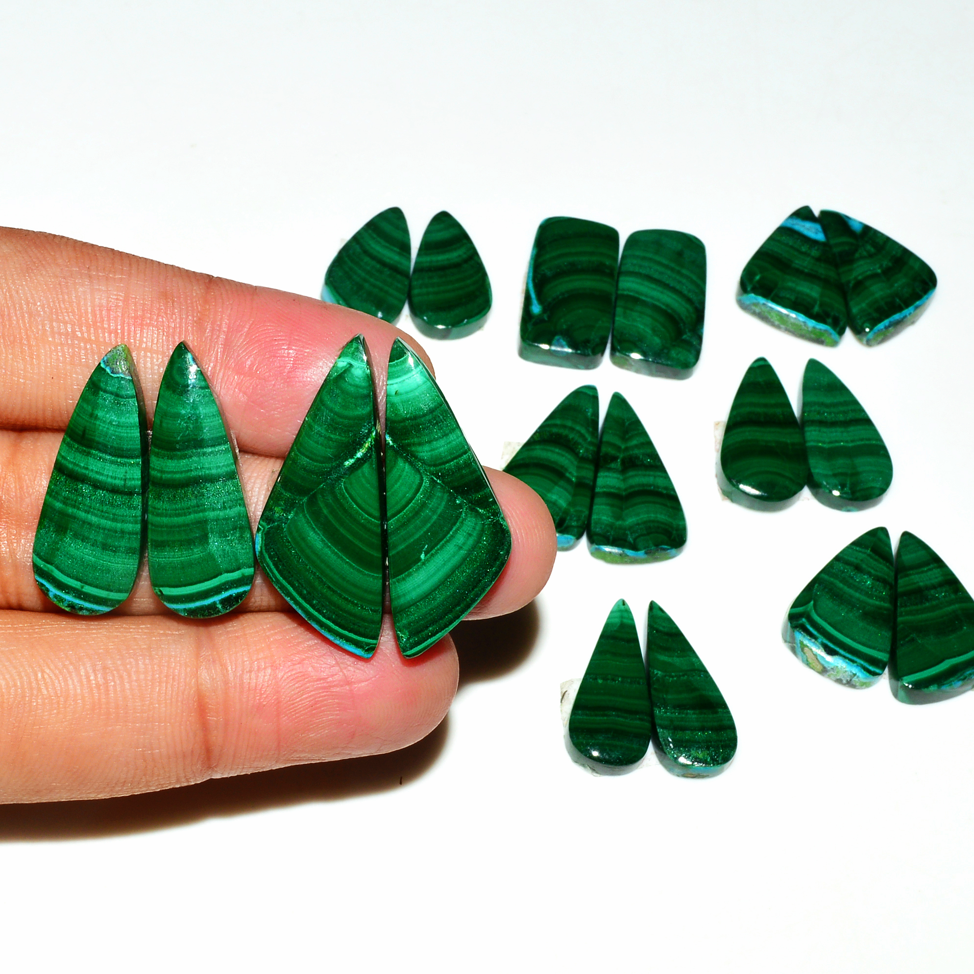 9 Pairs 238Cts Natural Malachite Loose Gemstone Cabochon Pair Lot for Silver Earrings 29x10 18x9mm 19081