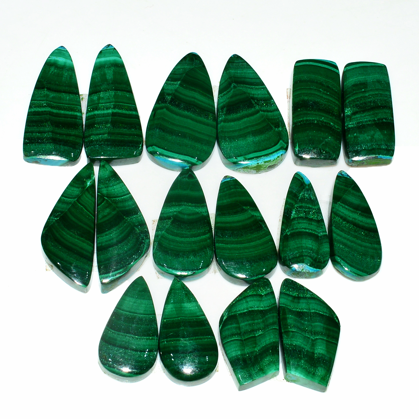 8 Pairs 209Cts Natural Malachite Loose Gemstone Cabochon Pair Lot for Silver Earrings 24x9 18x8mm 19083