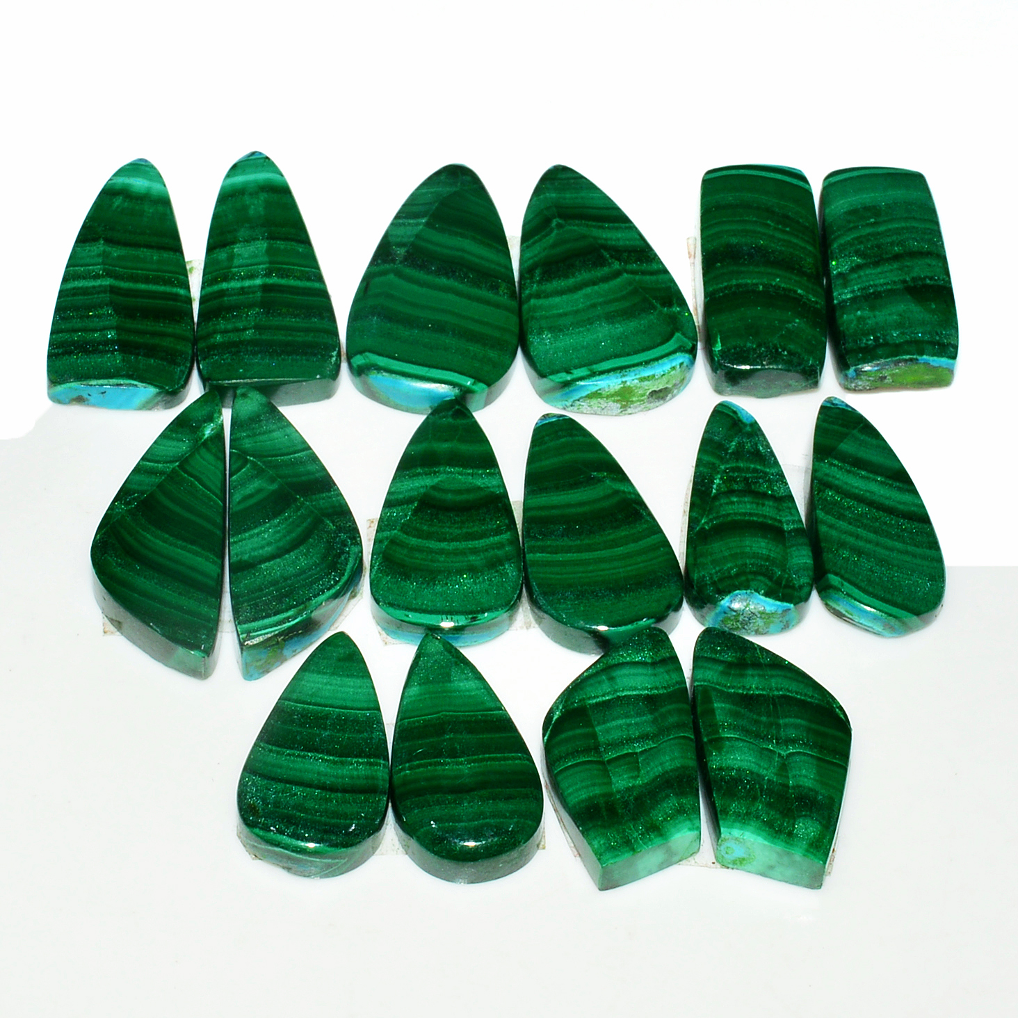 8 Pairs 209Cts Natural Malachite Loose Gemstone Cabochon Pair Lot for Silver Earrings 24x9 18x8mm 19083