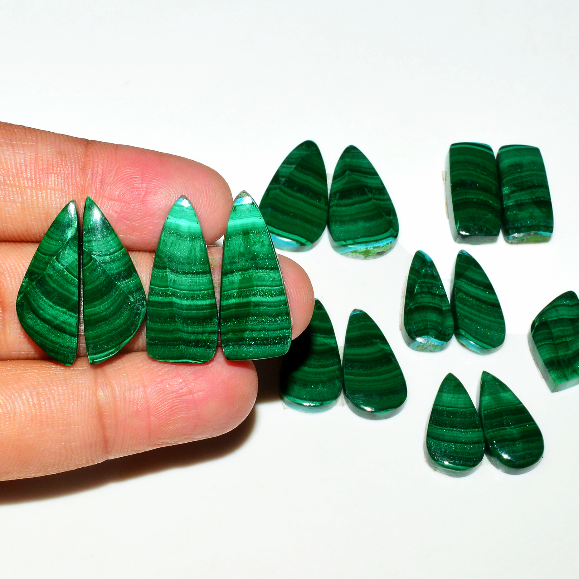 8 Pairs 209Cts Natural Malachite Loose Gemstone Cabochon Pair Lot for Silver Earrings 24x9 18x8mm 19083