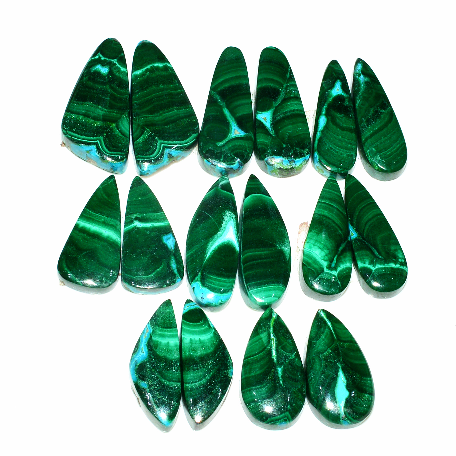 8 Pairs 205Cts Natural Malachite Loose Gemstone Cabochon Pair Lot for Silver Earrings 24x8 20x7mm 19084