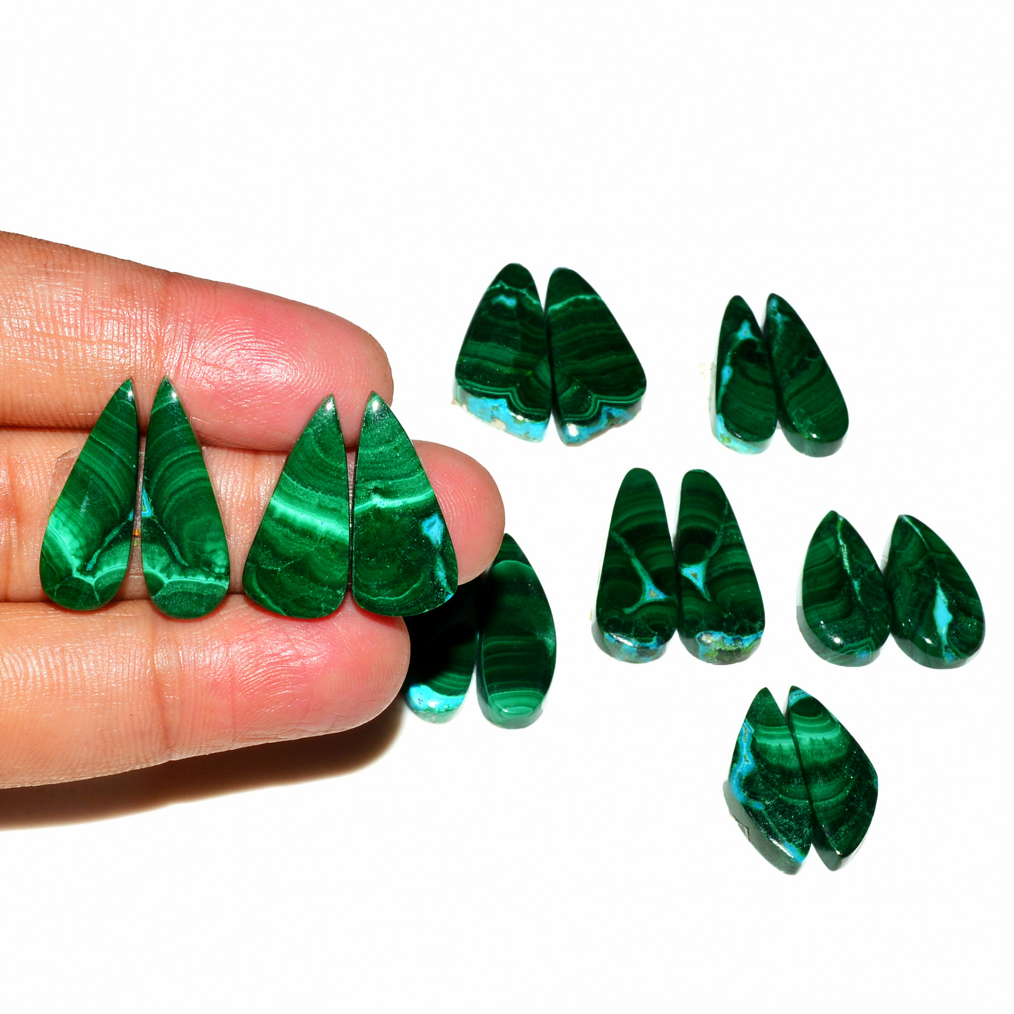 8 Pairs 205Cts Natural Malachite Loose Gemstone Cabochon Pair Lot for Silver Earrings 24x8   20x7mm 19084