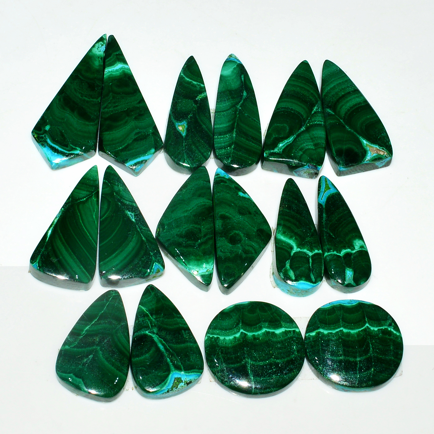 8 Pairs 201Cts Natural Malachite Loose Gemstone Cabochon Pair Lot for Silver Earrings 29x10 14x14mm 19085