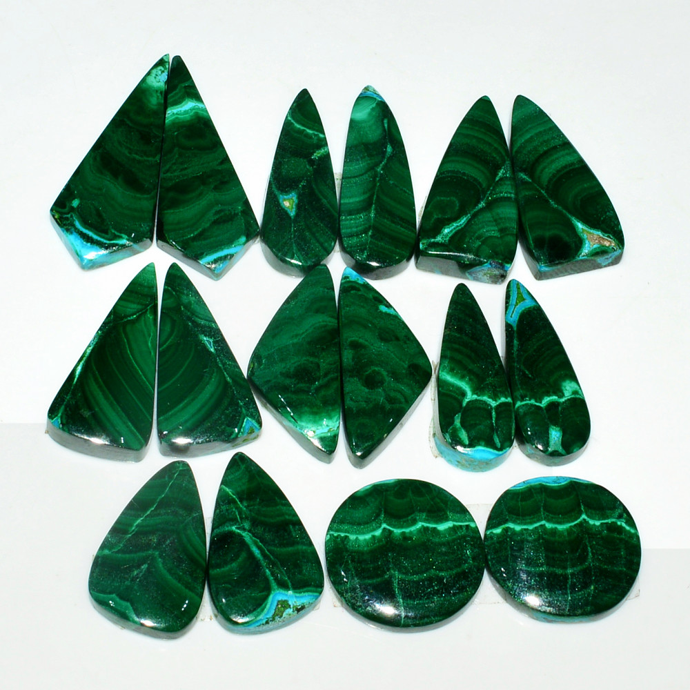 Image of 8 Pairs 201Cts Natural Malachite Loose Gemstone Cabochon Pair Lot for Silver Earrings 29x10  14x14mm #19085