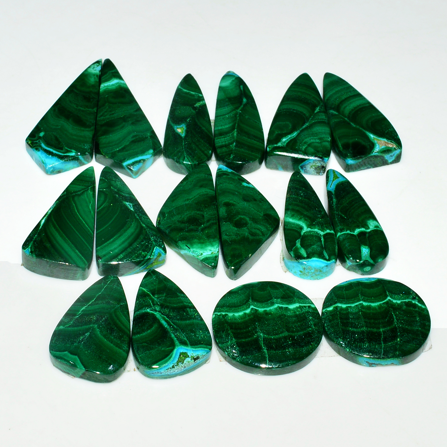8 Pairs 201Cts Natural Malachite Loose Gemstone Cabochon Pair Lot for Silver Earrings 29x10 14x14mm 19085