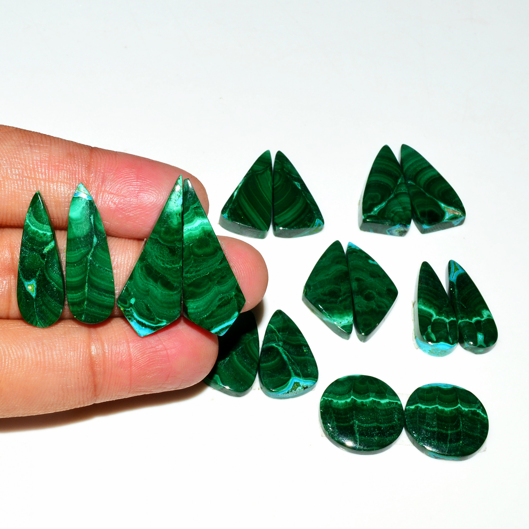 8 Pairs 201Cts Natural Malachite Loose Gemstone Cabochon Pair Lot for Silver Earrings 29x10 14x14mm 19085