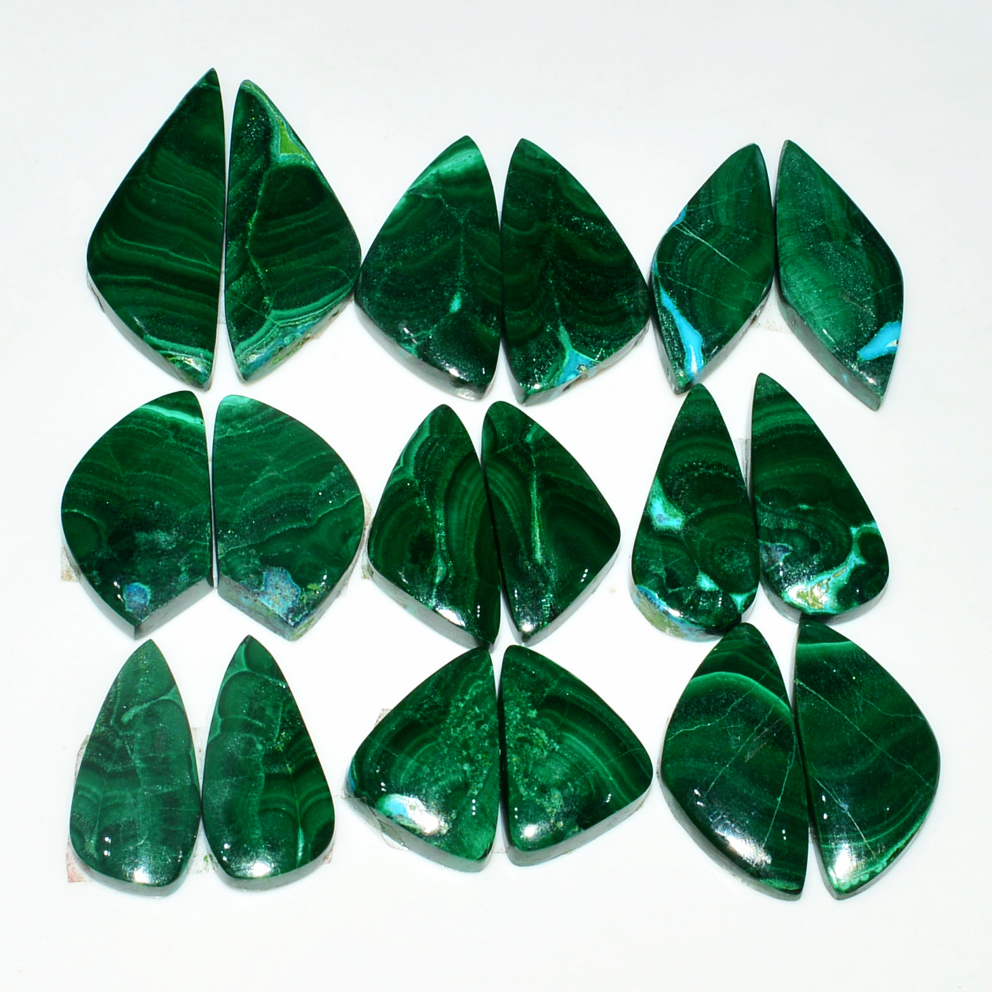 9 Pairs 198Cts Natural Malachite Loose Gemstone Cabochon Pair Lot for Silver Earrings 21x9 14x9mm 19086