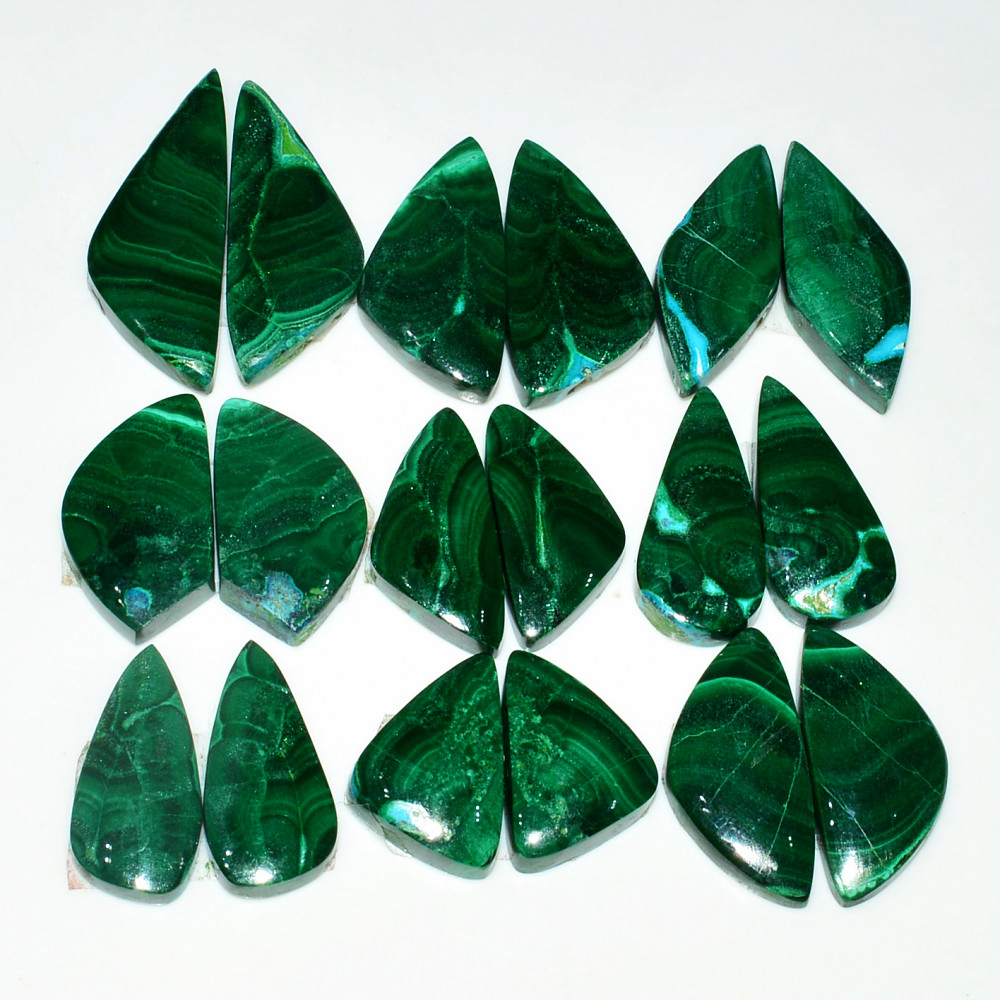 Image of 9 Pairs 198Cts Natural Malachite Loose Gemstone Cabochon Pair Lot for Silver Earrings 21x9  14x9mm #19086