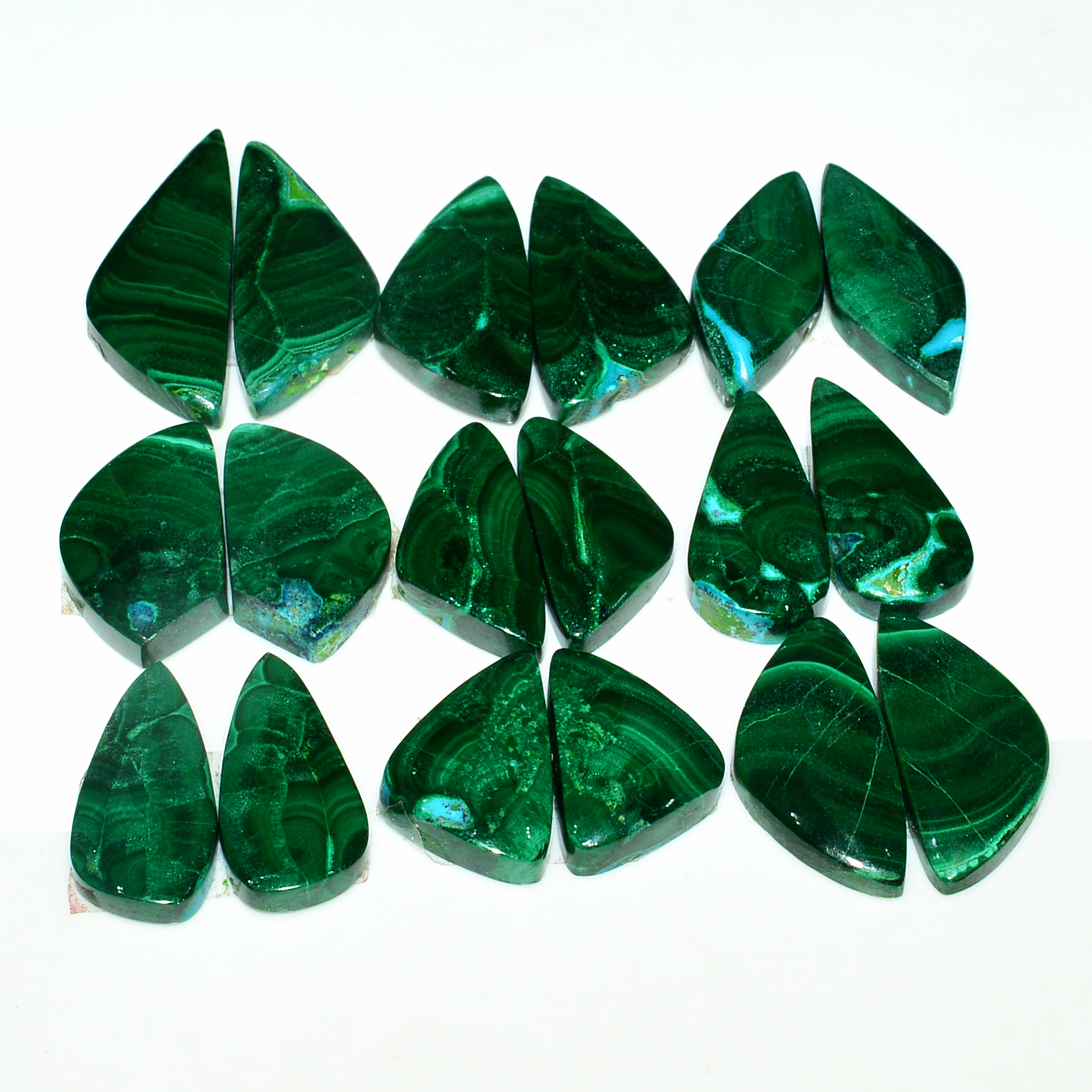 9 Pairs 198Cts Natural Malachite Loose Gemstone Cabochon Pair Lot for Silver Earrings 21x9 14x9mm 19086