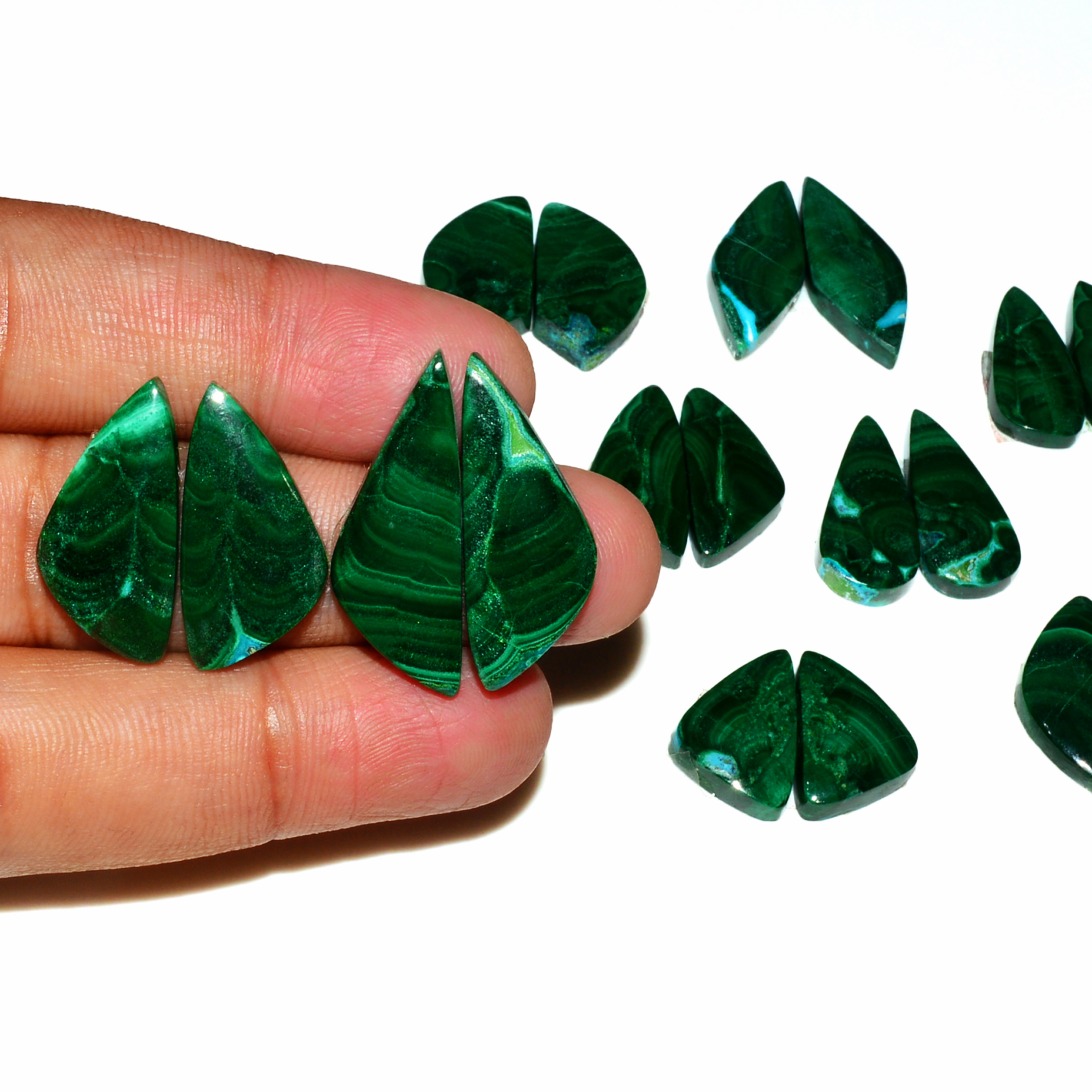 9 Pairs 198Cts Natural Malachite Loose Gemstone Cabochon Pair Lot for Silver Earrings 21x9 14x9mm 19086