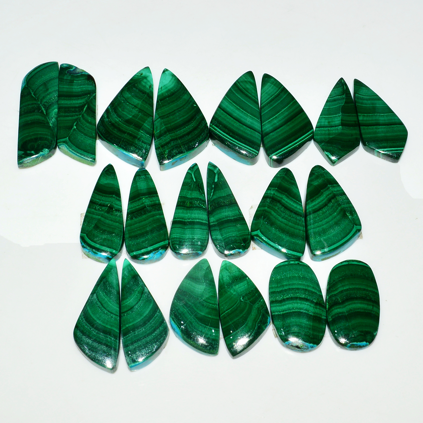 10 Pairs 320Cts Natural Malachite Loose Gemstone Cabochon Pair Lot for Silver Earrings 30x7 20x10mm 19087