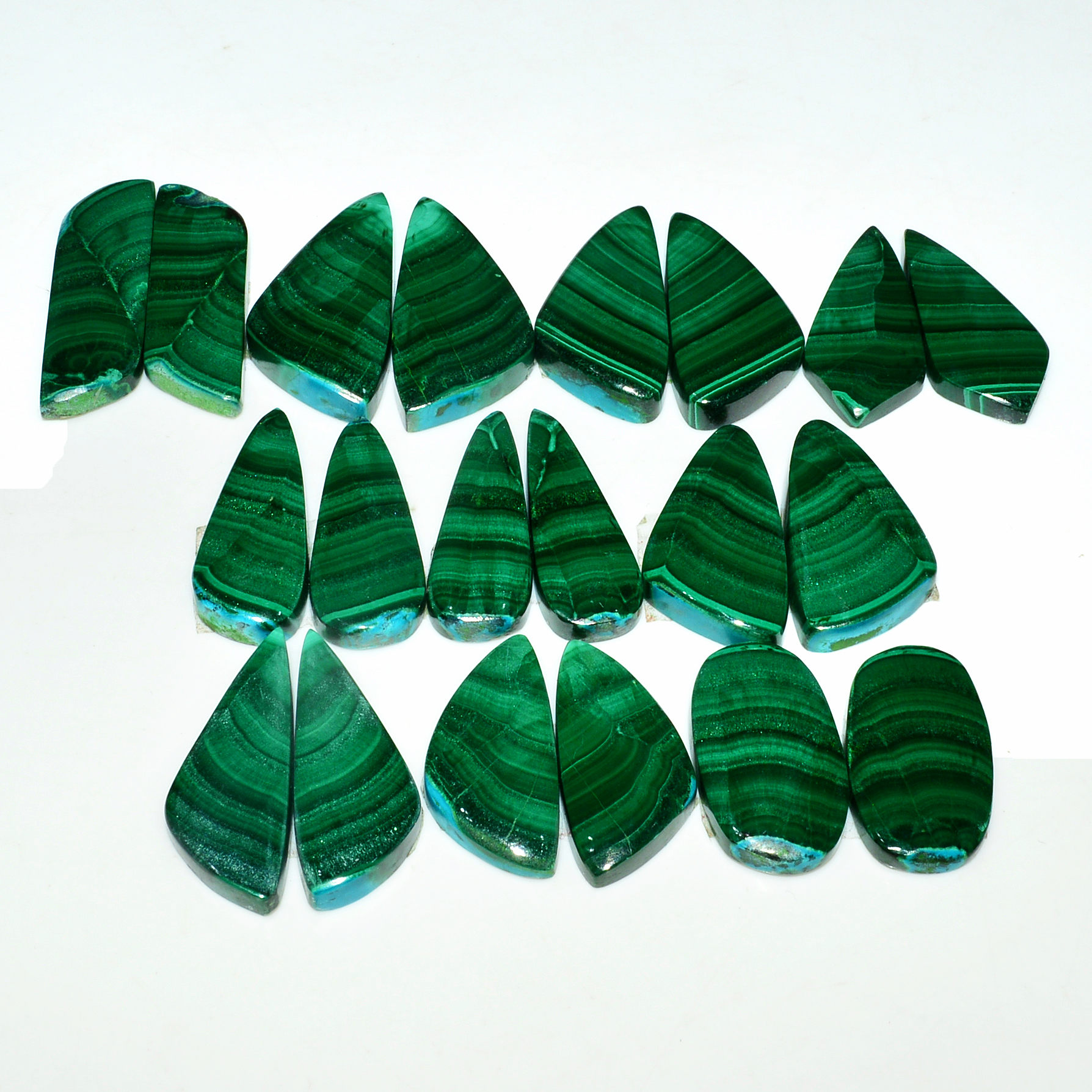 10 Pairs 320Cts Natural Malachite Loose Gemstone Cabochon Pair Lot for Silver Earrings 30x7 20x10mm 19087