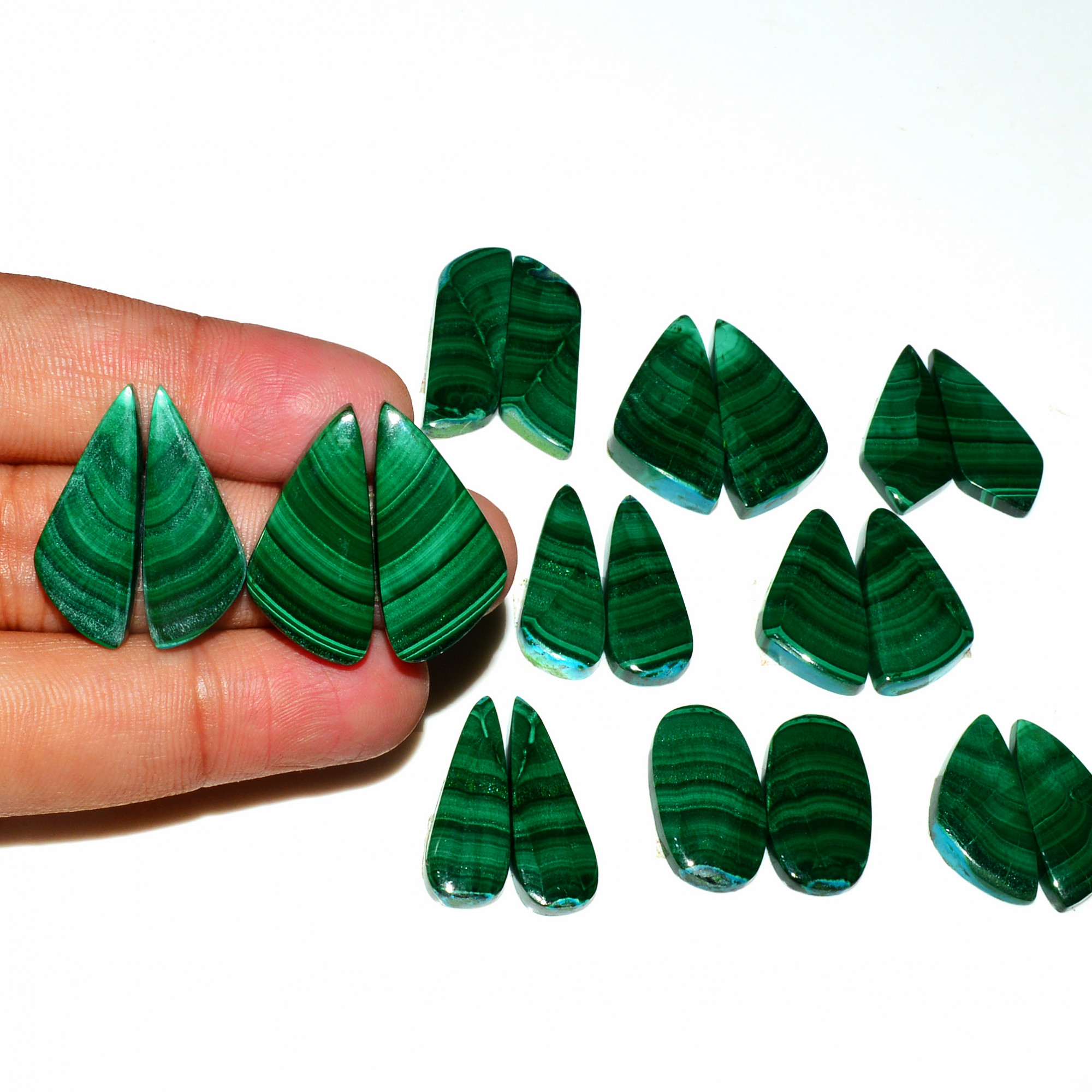 10 Pairs 320Cts Natural Malachite Loose Gemstone Cabochon Pair Lot for Silver Earrings 30x7 20x10mm 19087