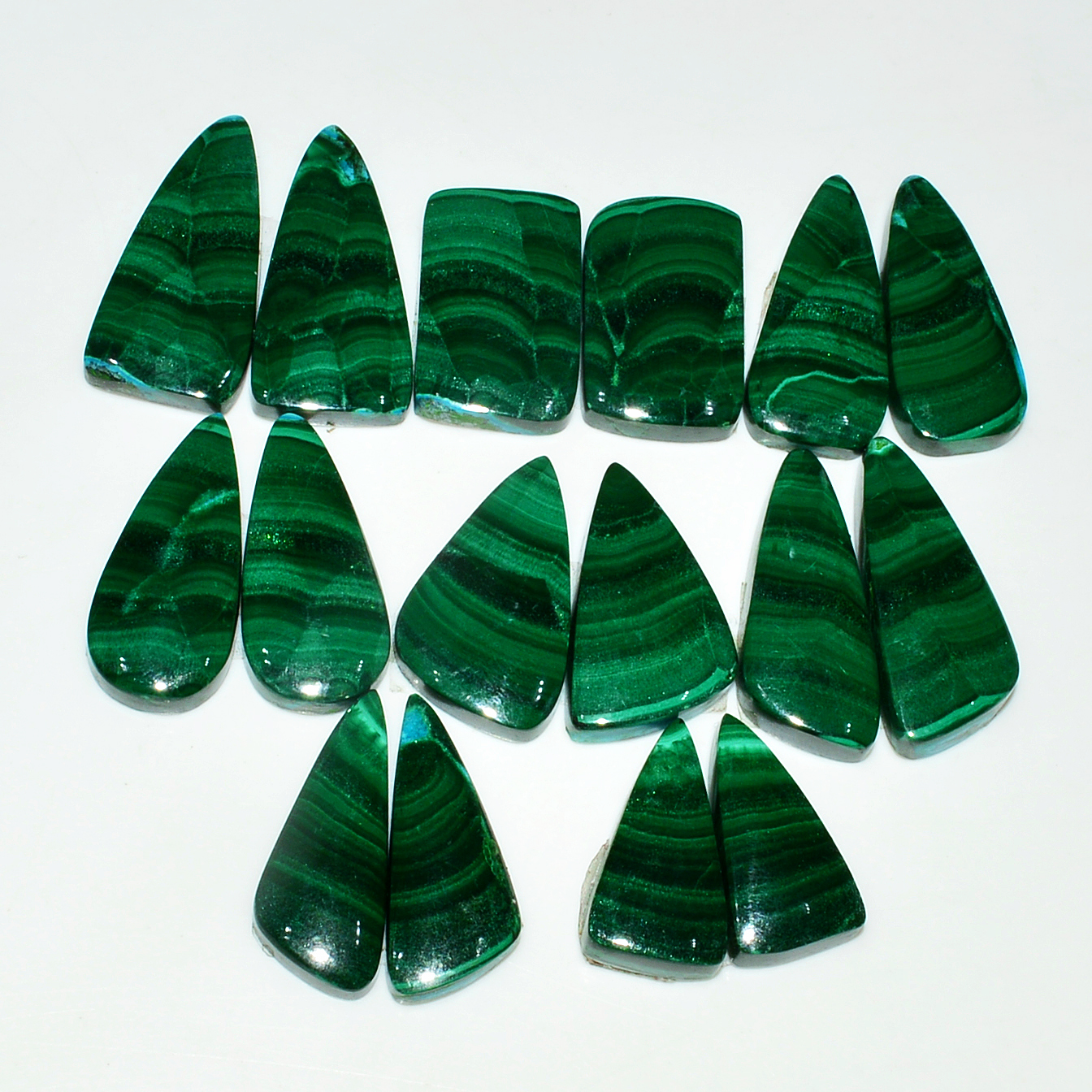 8 Pairs 221Cts Natural Malachite Loose Gemstone Cabochon Pair Lot for Silver Earrings 25x10 18x9mm 19088
