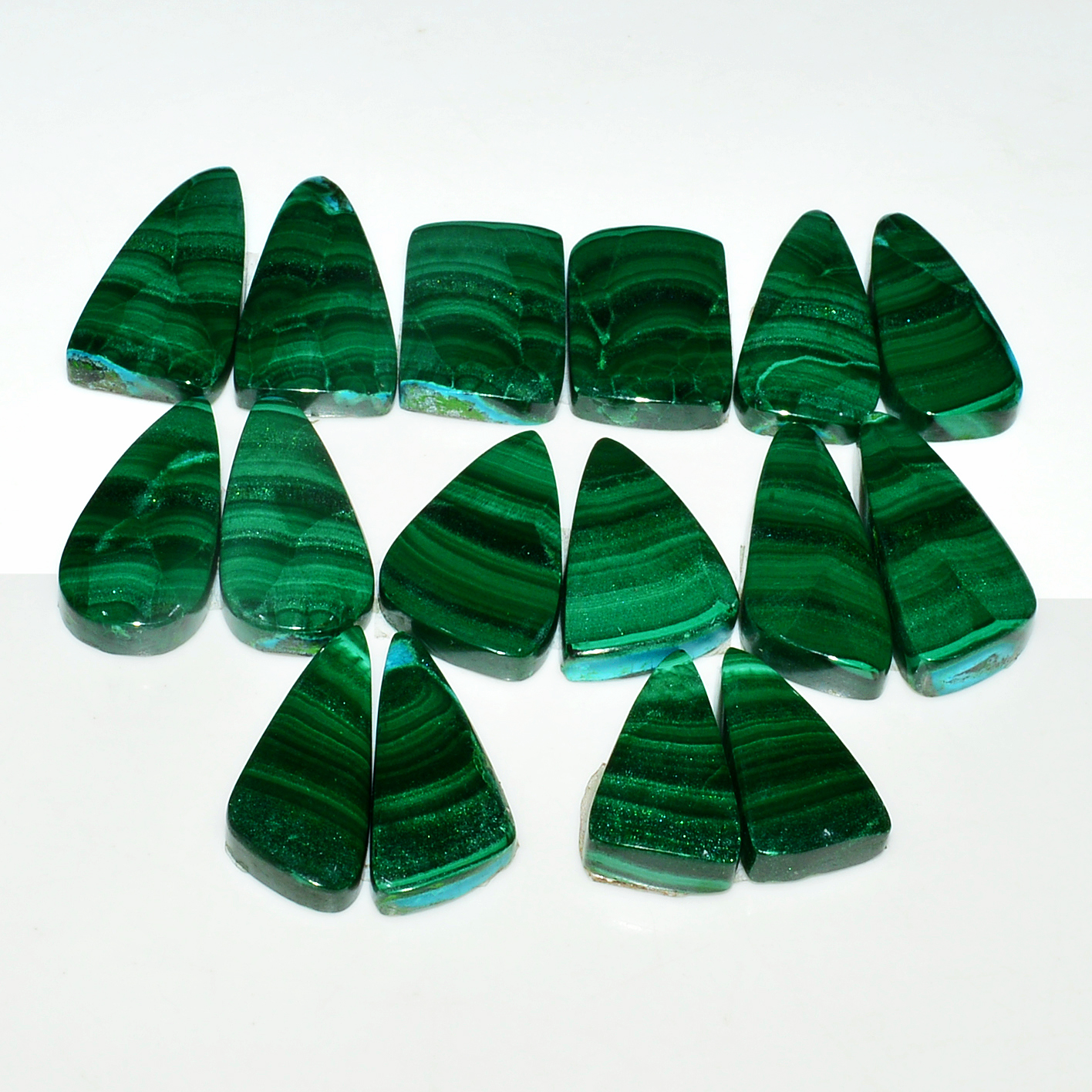 8 Pairs 221Cts Natural Malachite Loose Gemstone Cabochon Pair Lot for Silver Earrings 25x10 18x9mm 19088