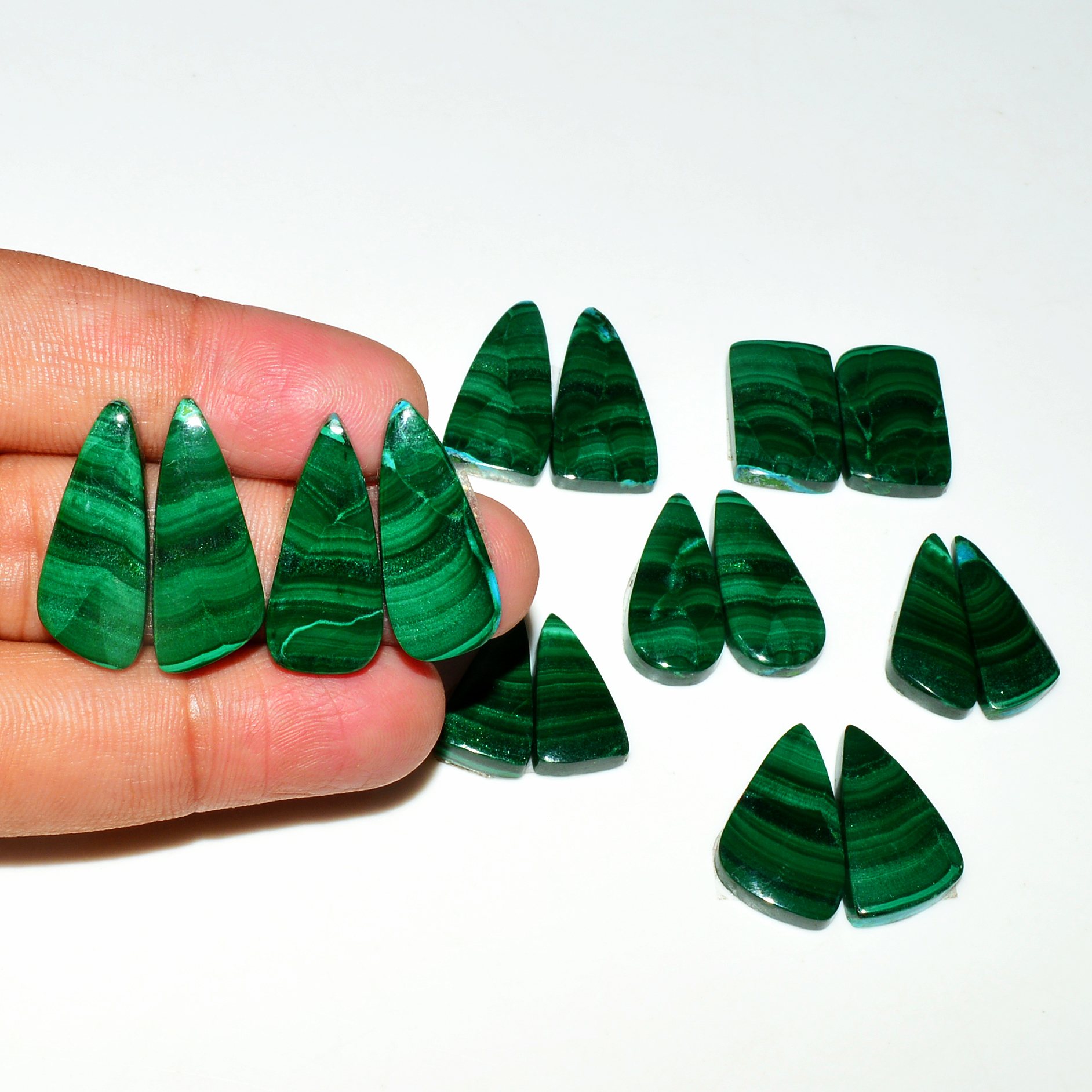 8 Pairs 221Cts Natural Malachite Loose Gemstone Cabochon Pair Lot for Silver Earrings 25x10 18x9mm 19088