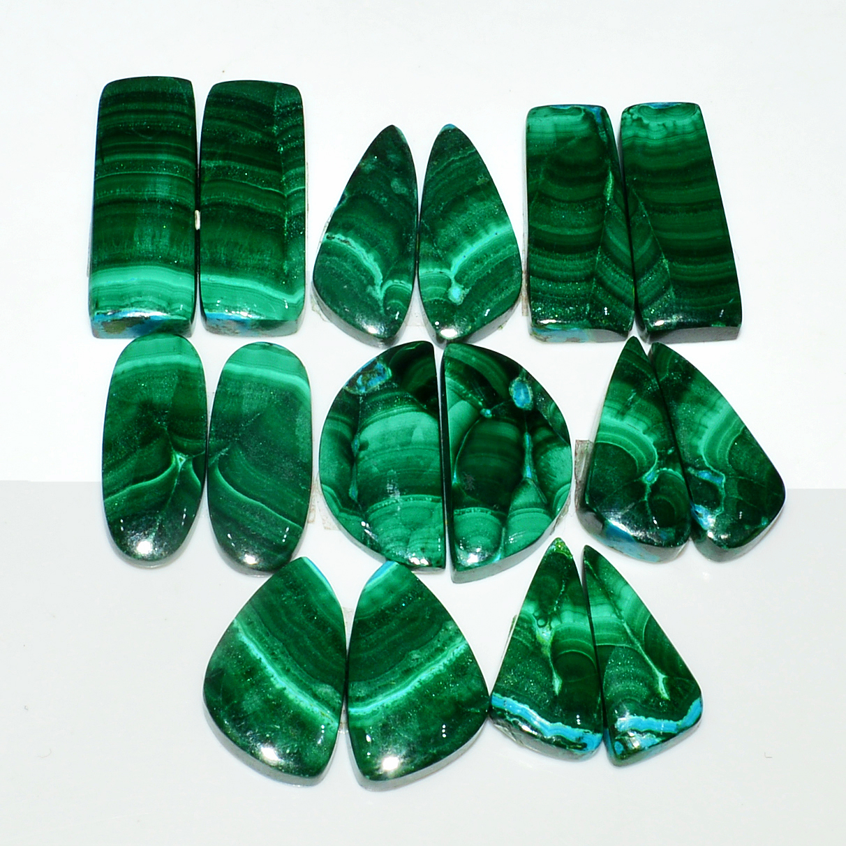 8 Pairs 189Cts Natural Malachite Loose Gemstone Cabochon Pair Lot for Silver Earrings 24x8 18x8mm 19089