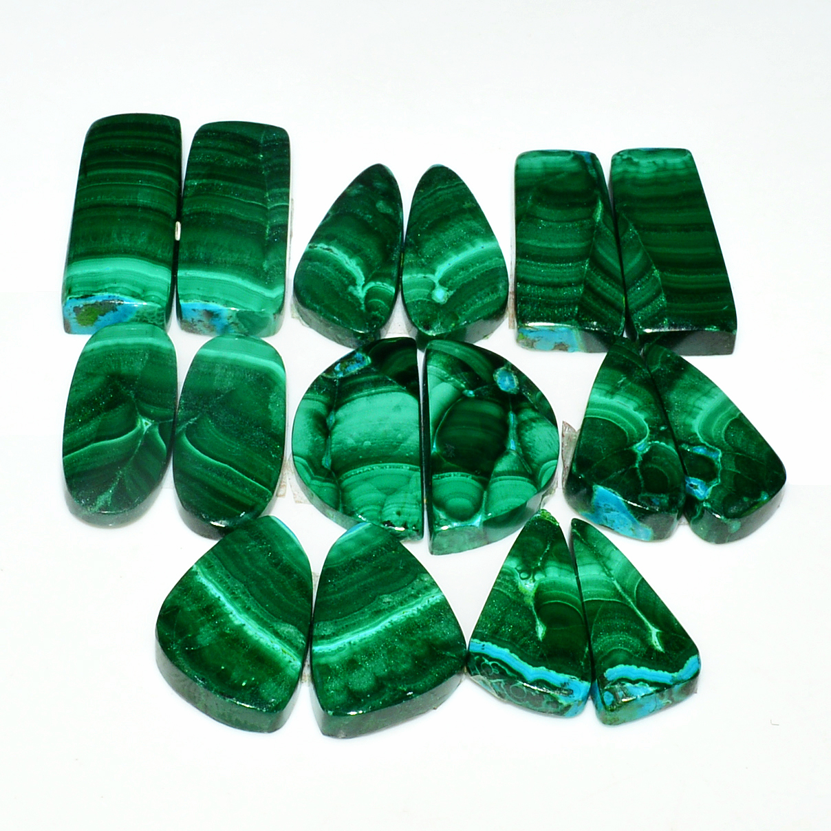 8 Pairs 189Cts Natural Malachite Loose Gemstone Cabochon Pair Lot for Silver Earrings 24x8 18x8mm 19089