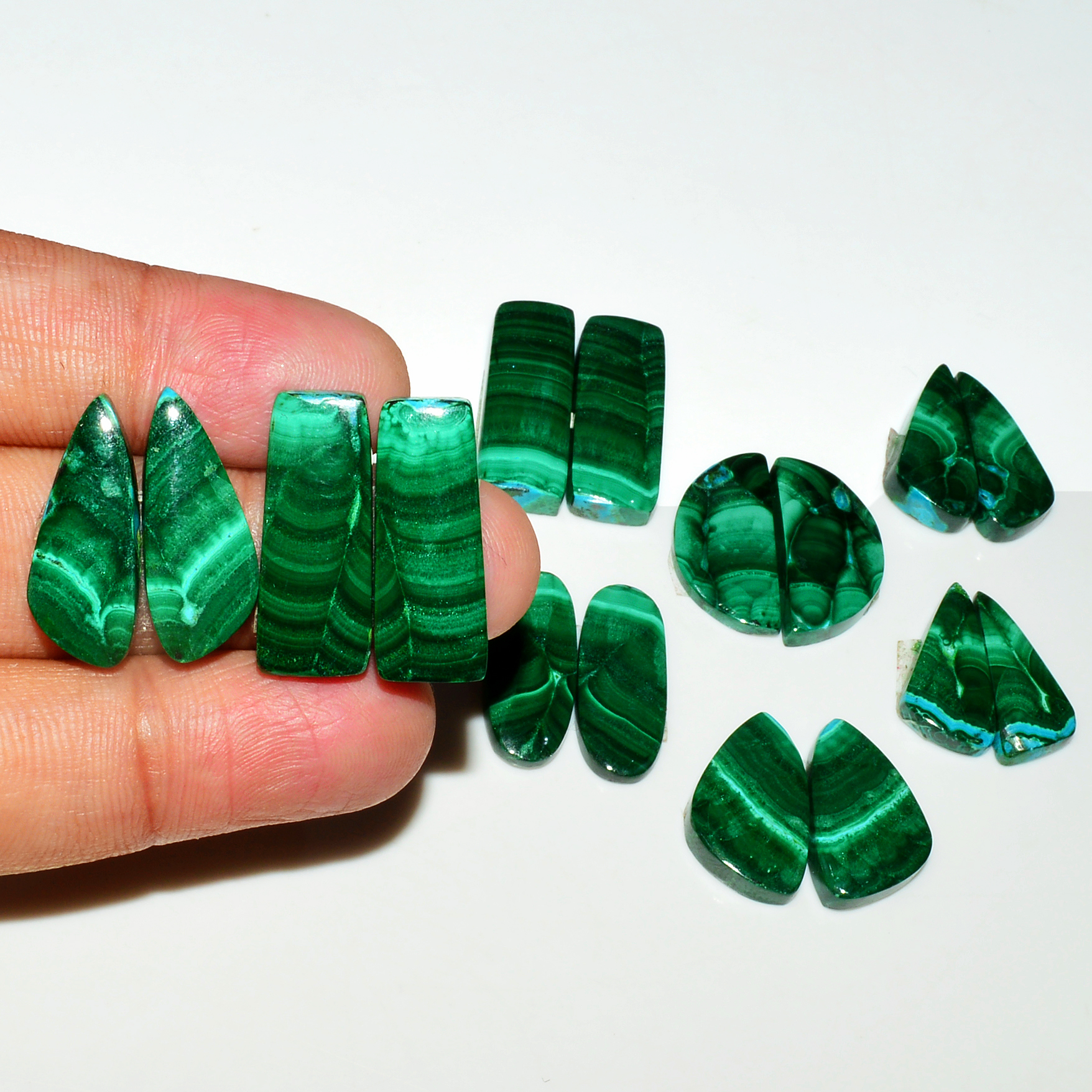 8 Pairs 189Cts Natural Malachite Loose Gemstone Cabochon Pair Lot for Silver Earrings 24x8 18x8mm 19089