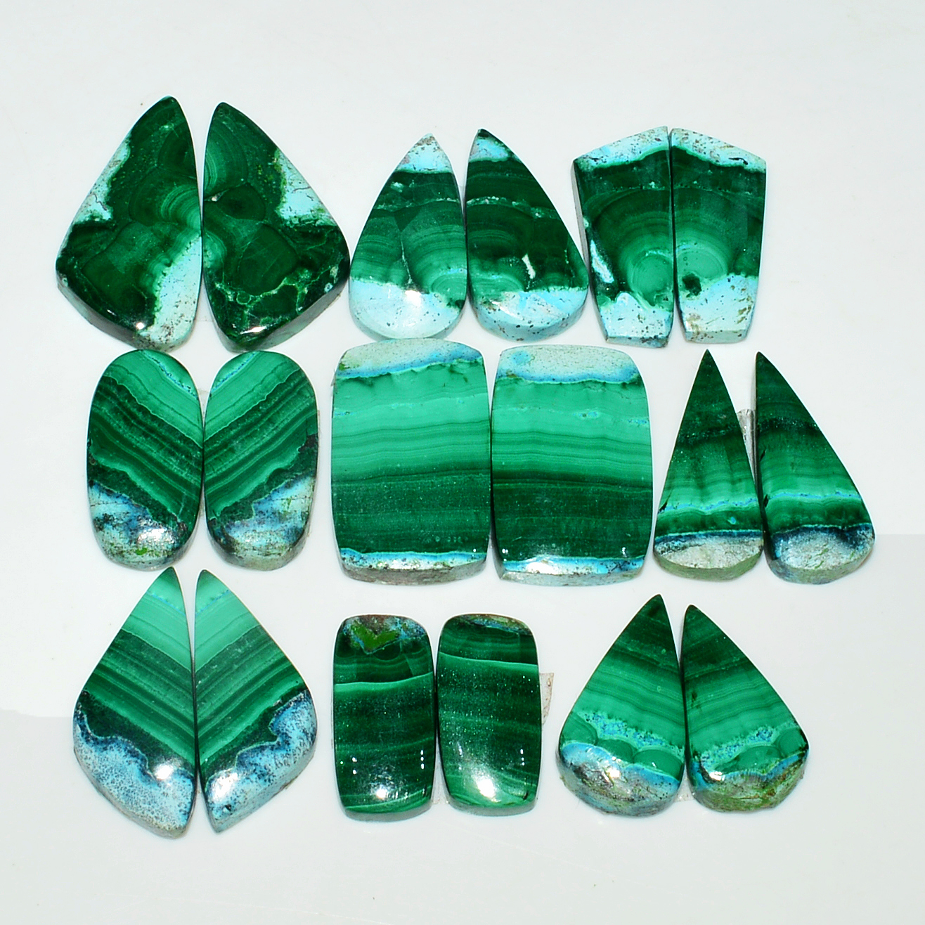 9 Pairs 184Cts Natural Malachite Loose Gemstone Cabochon Pair Lot for Silver Earrings 24x11 15x6mm 19090