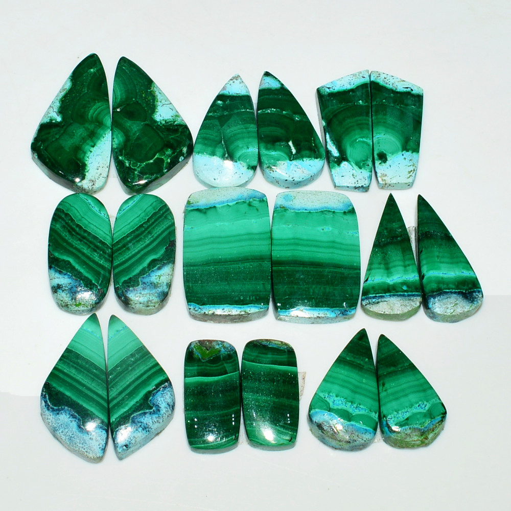 Image of 9 Pairs 184Cts Natural Malachite Loose Gemstone Cabochon Pair Lot for Silver Earrings 24x11  15x6mm #19090