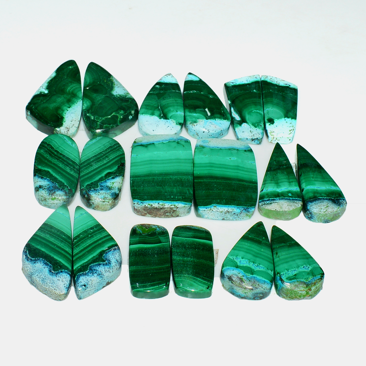 9 Pairs 184Cts Natural Malachite Loose Gemstone Cabochon Pair Lot for Silver Earrings 24x11 15x6mm 19090