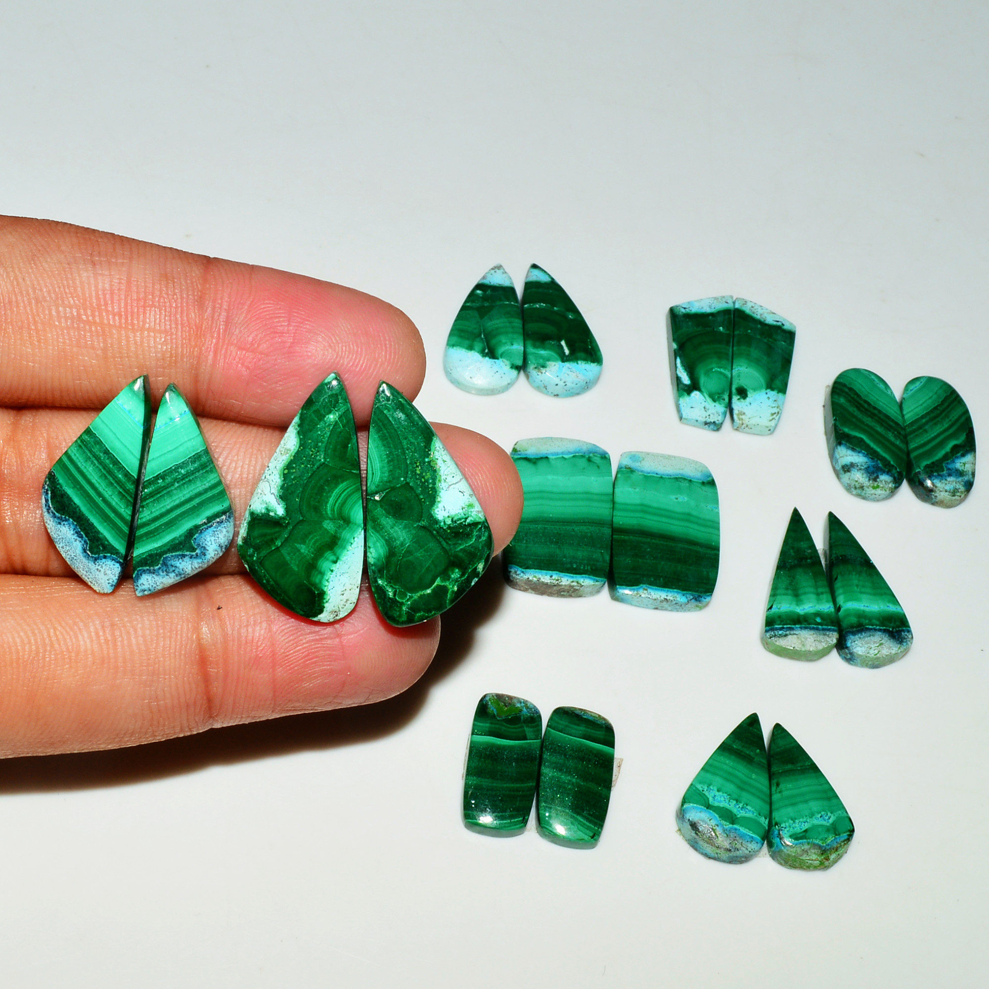 9 Pairs 184Cts Natural Malachite Loose Gemstone Cabochon Pair Lot for Silver Earrings 24x11 15x6mm 19090