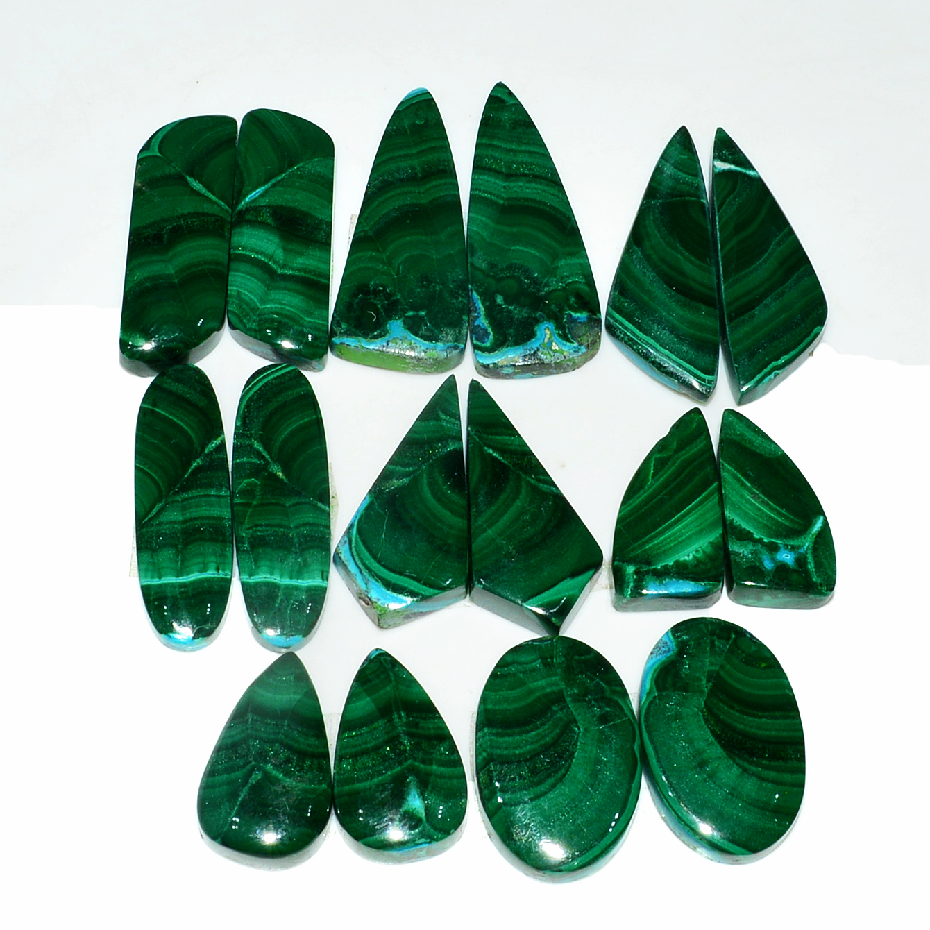 8 Pairs 248Cts Natural Malachite Loose Gemstone Cabochon Pair Lot for Silver Earrings 30x11 18x12mm 19091
