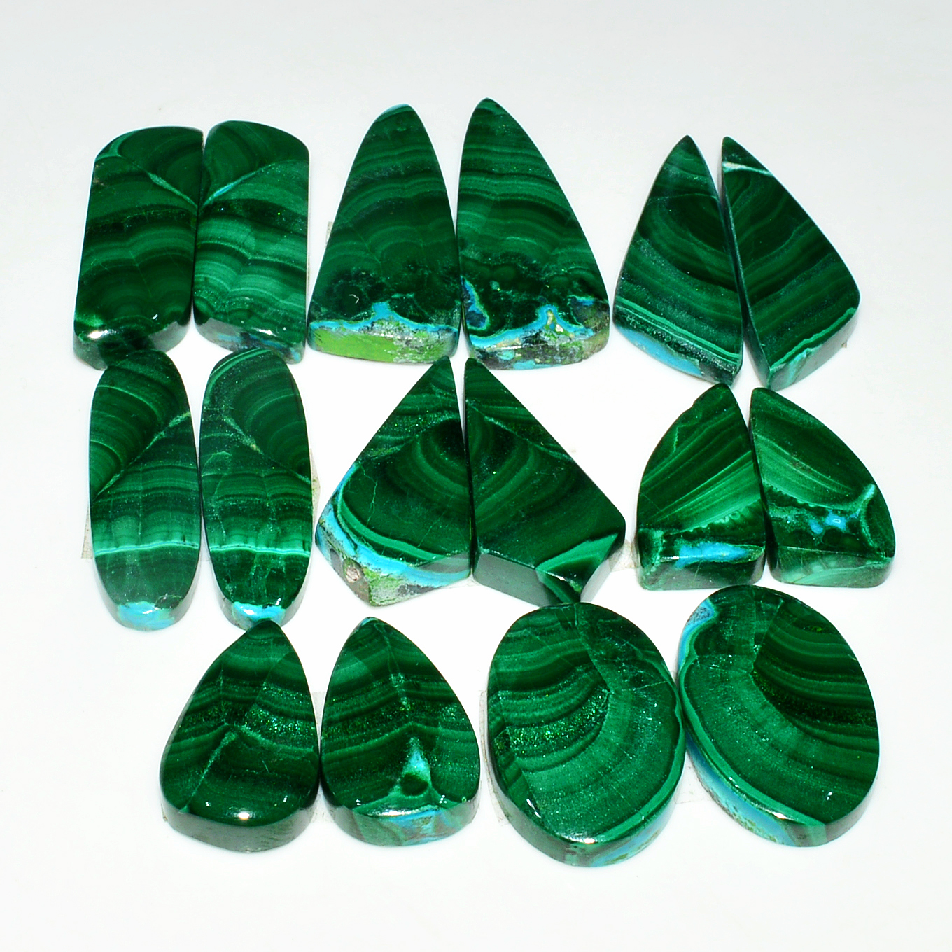 8 Pairs 248Cts Natural Malachite Loose Gemstone Cabochon Pair Lot for Silver Earrings 30x11 18x12mm 19091
