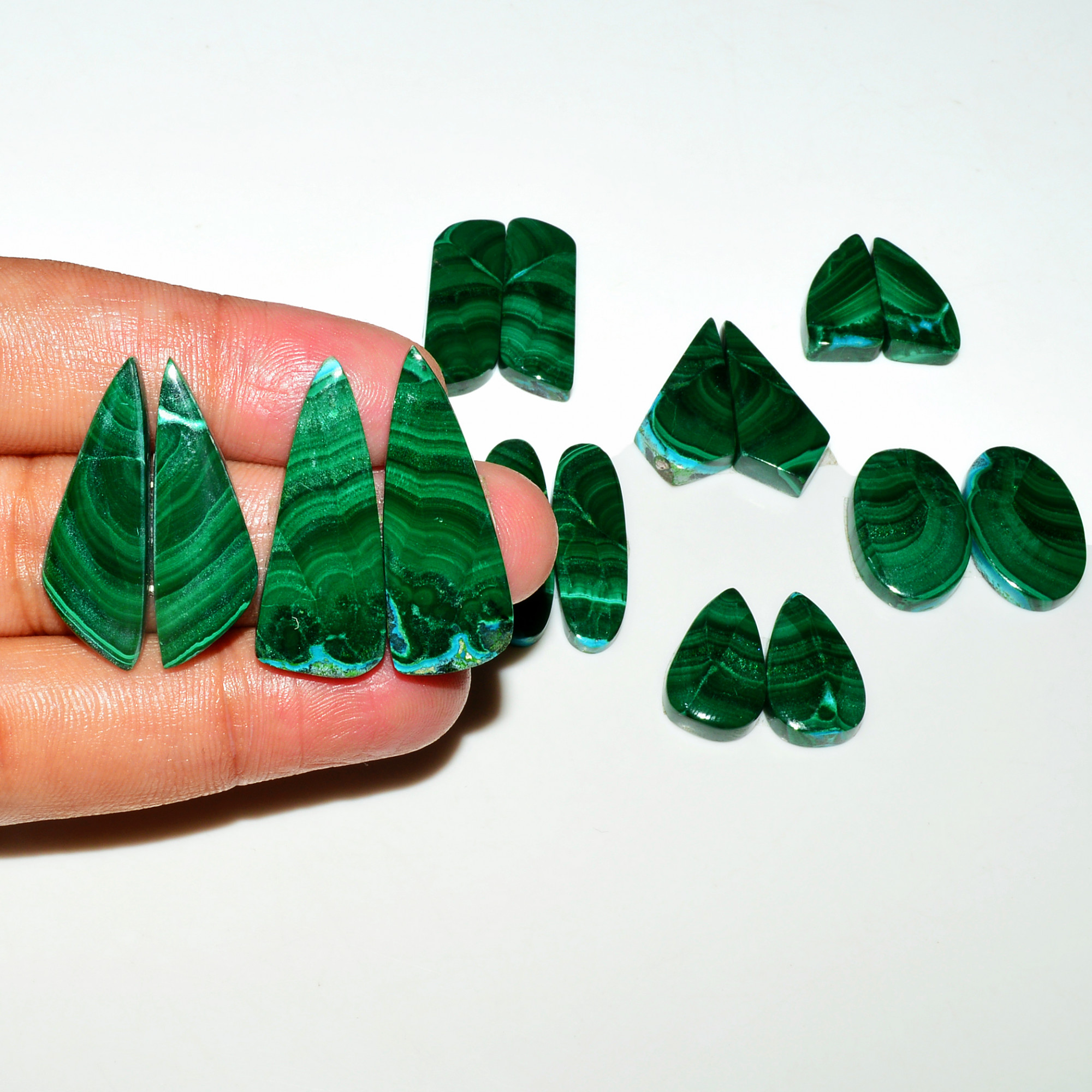 8 Pairs 248Cts Natural Malachite Loose Gemstone Cabochon Pair Lot for Silver Earrings 30x11 18x12mm 19091