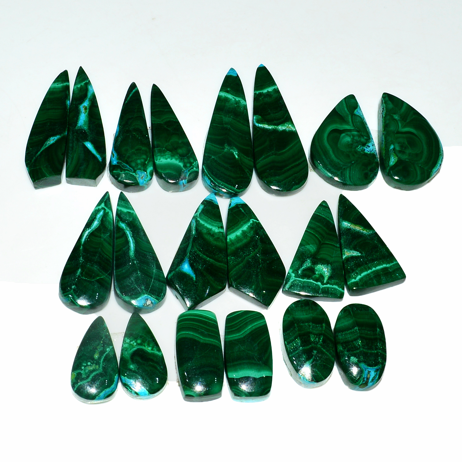10 Pairs 258Cts Natural Malachite Loose Gemstone Cabochon Pair Lot for Silver Earrings 30x10 16x8mm 19092